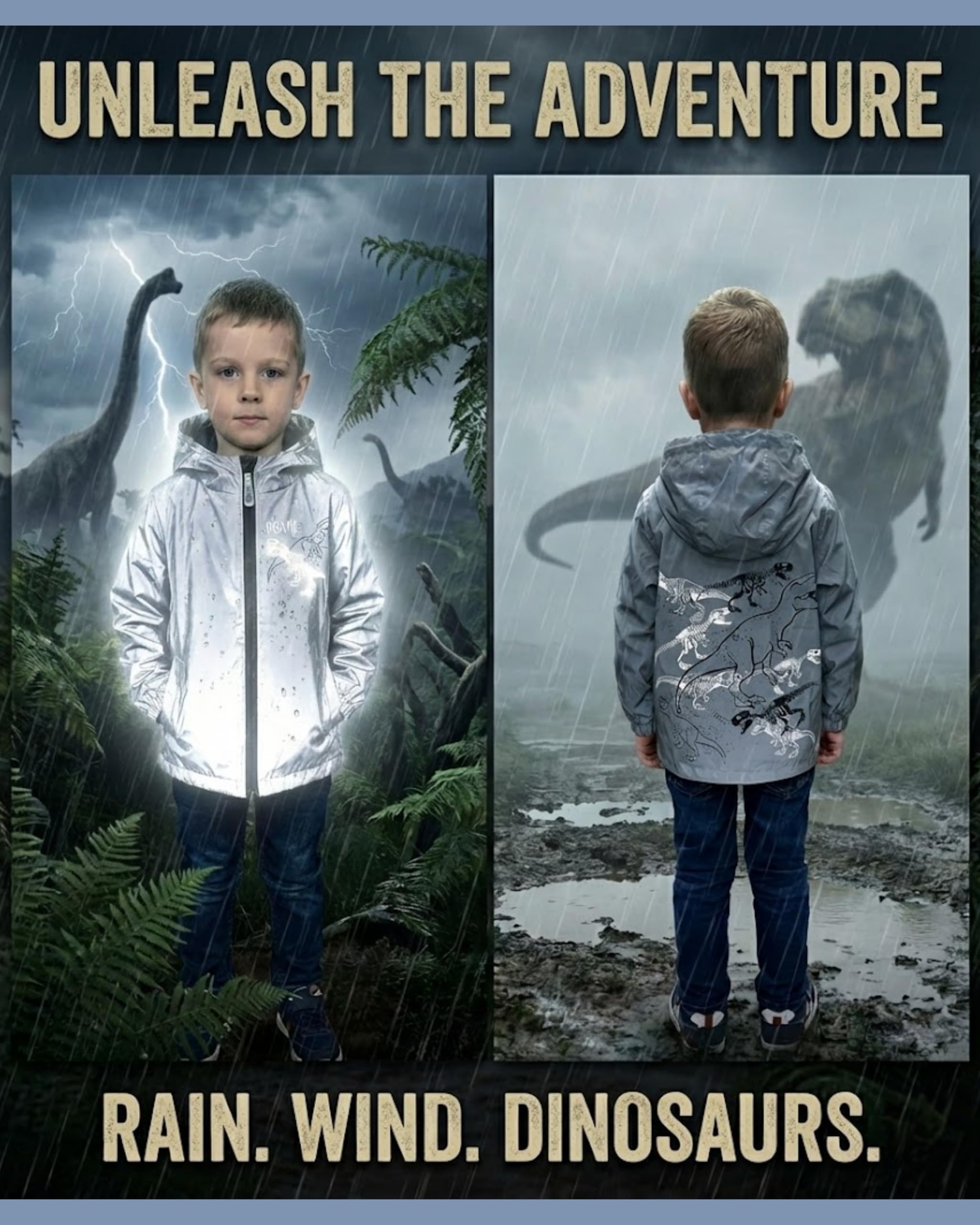HECKBO Kinder Dinosaurier Pferd Regenjacke Windjacke aus Reflektoren Material Jacke Mädchen Jungen - 3-6 Jahre - wasserdicht & winddicht