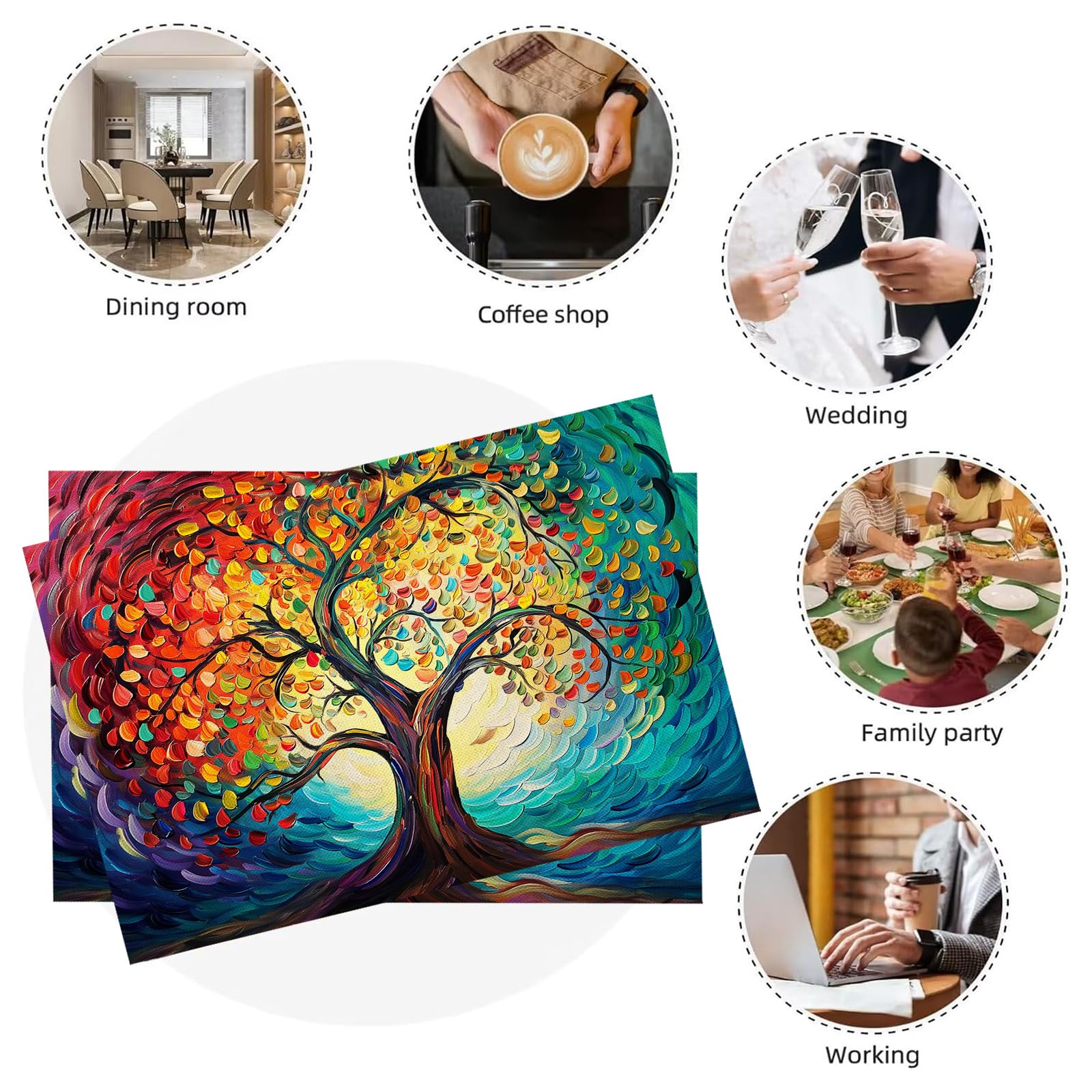 Set di 8 Tovagliette Americane Lavabili Cotone Lino Adornare - Tovaglietta Americana Resistenti al Calore Durevole Alberi colorati - per Colazione Pranzo 30×45 cm