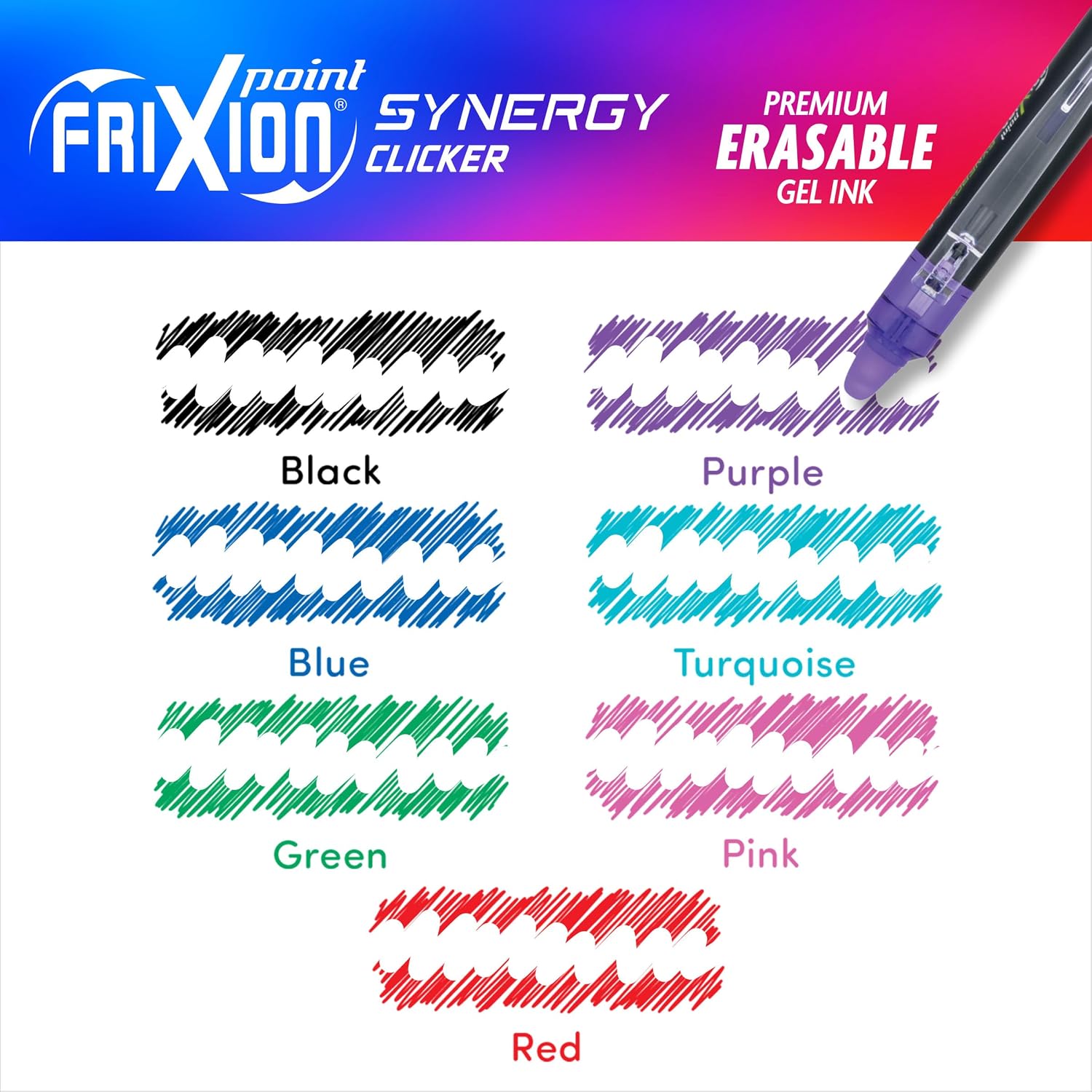 PILOT FriXion Synergy Clicker Erasable, Pack of 7, Assorted Colors