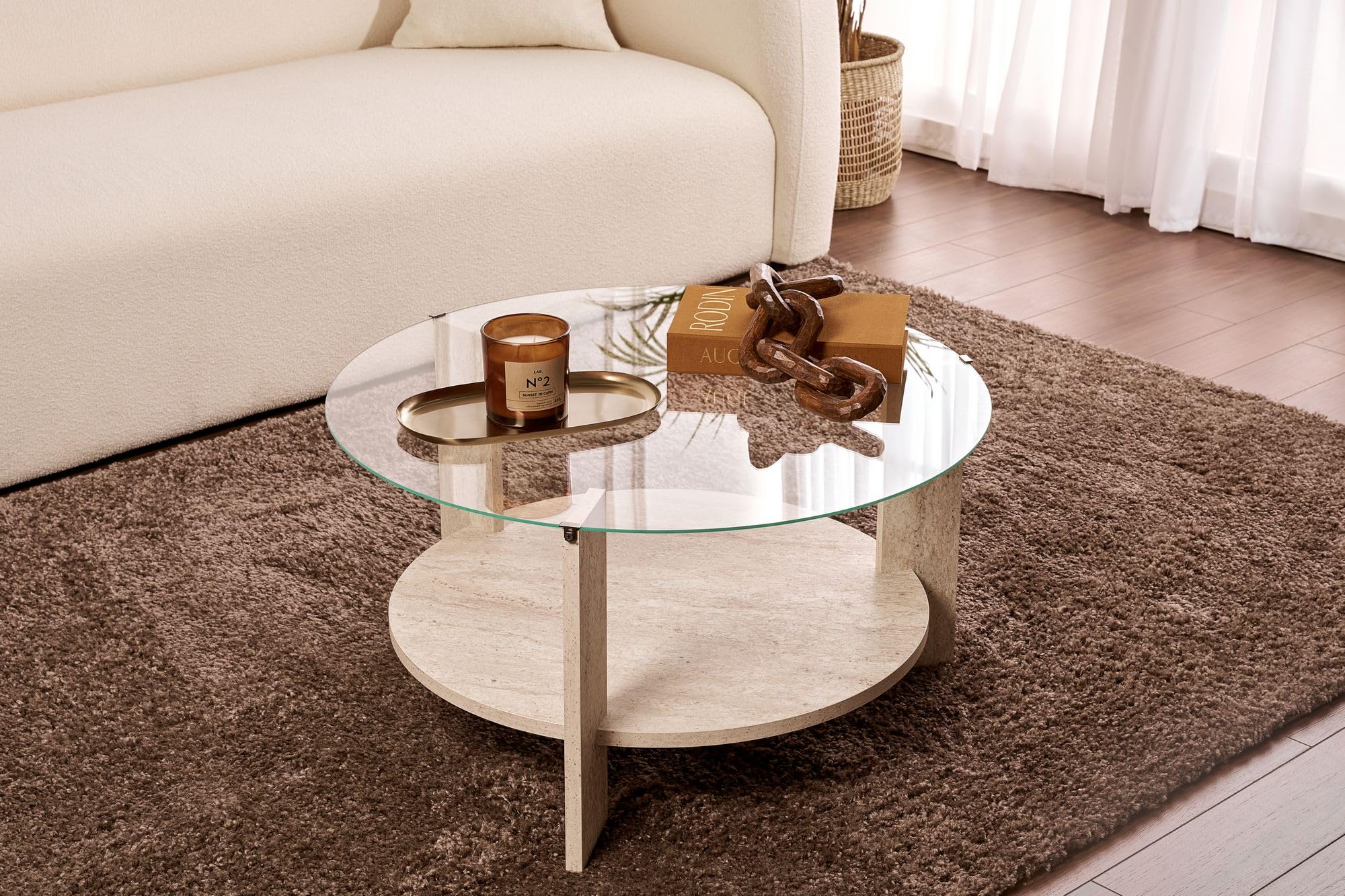 Hanah Home Stilvoller Couchtisch, 75 x 75 x 40 cm | 100% Sicherheitsglas & melaminbeschichtete Spanplatte | Elegantes Design in Travertin & Transparent für Moderne Wohnräume
