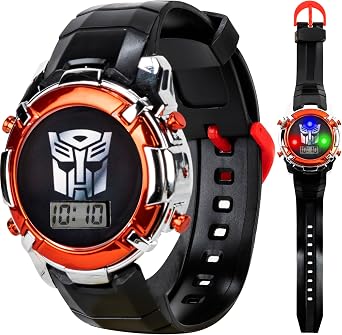 Transformers LCD Digital Watch for Kids - Iconic Autobot Design, Flashing LED Lights, Black and Red Durable Strap, in Collectible Tin Box