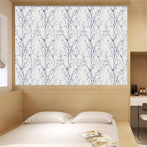 Miniatura 9 de Mecpar Papel tapiz de 17.71 x 118 pulgadas, diseño de ramas de árbol, color gris y azul, papel de contacto de ramas de árbol moderno, papel de