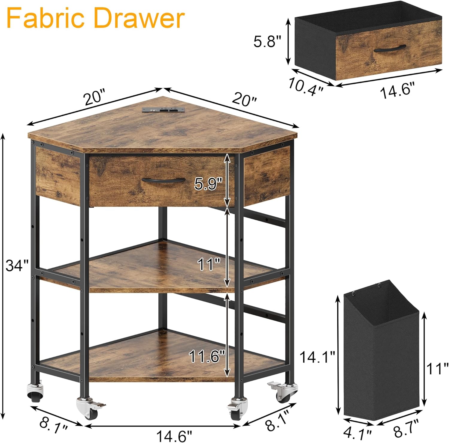 YAOHUOO Corner Printer Stand, Corner Table with Power Outlet/Storage Fabric Drawer，Printer Cart for Home Office with Height Adjustable Shelf/Side Pocket, Rustic Brown