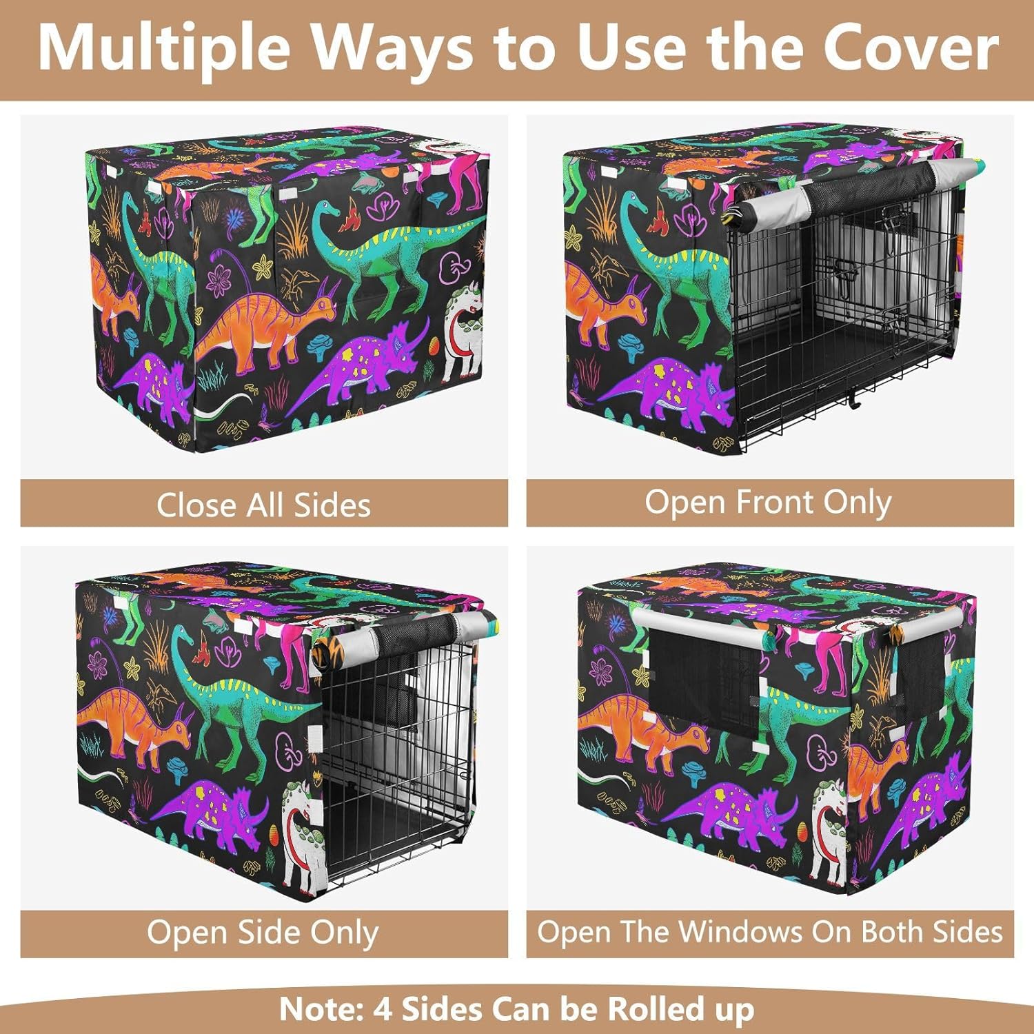 Colorful Dinosaurs Dog Crate Covers Fixed Buckle at Bottom, Pet Crate Cover with Roll-up Sides, Large