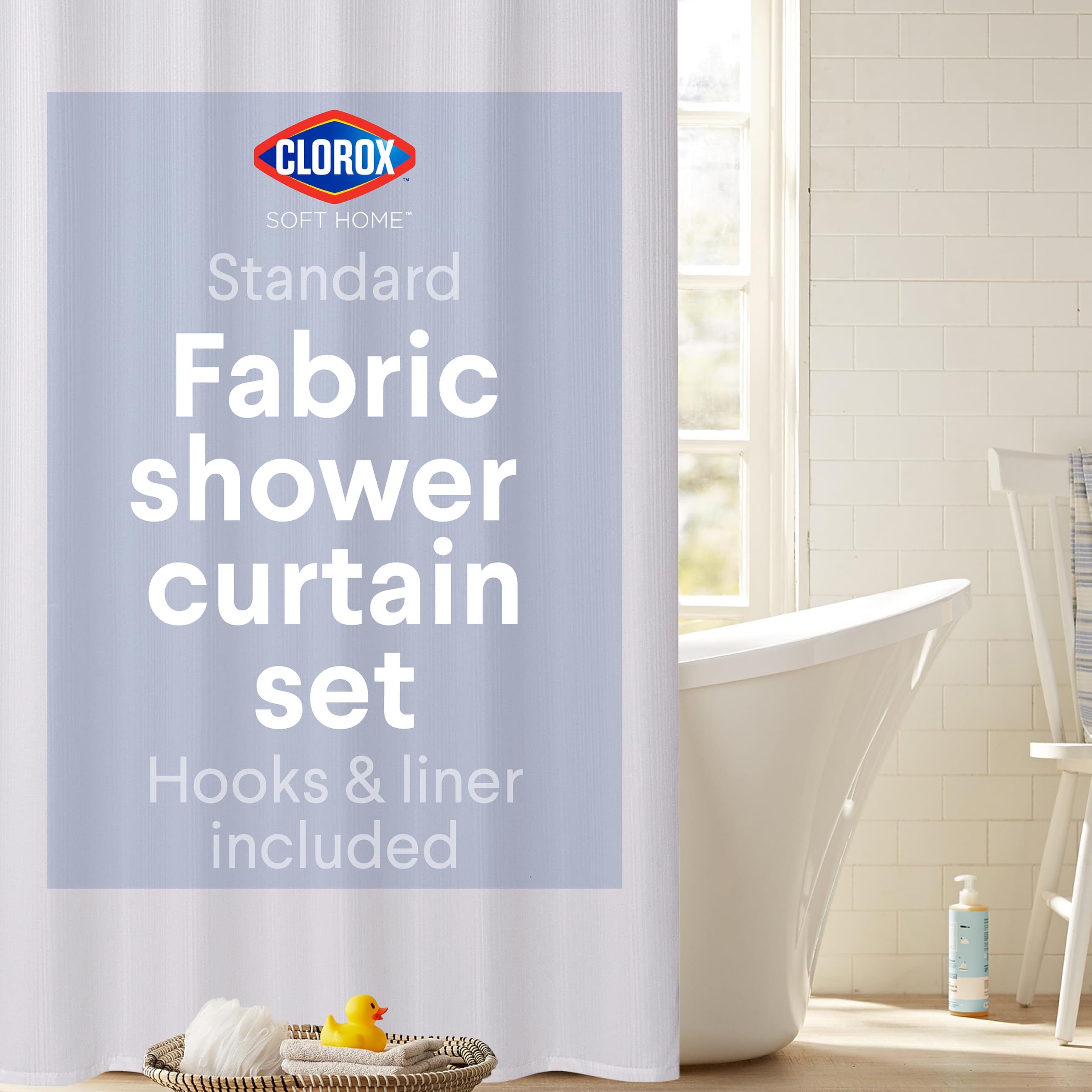 Clorox Rideau de douche 100 % polyester avec doublure imperméable en PEVA et 12 crochets métalliques (blanc)