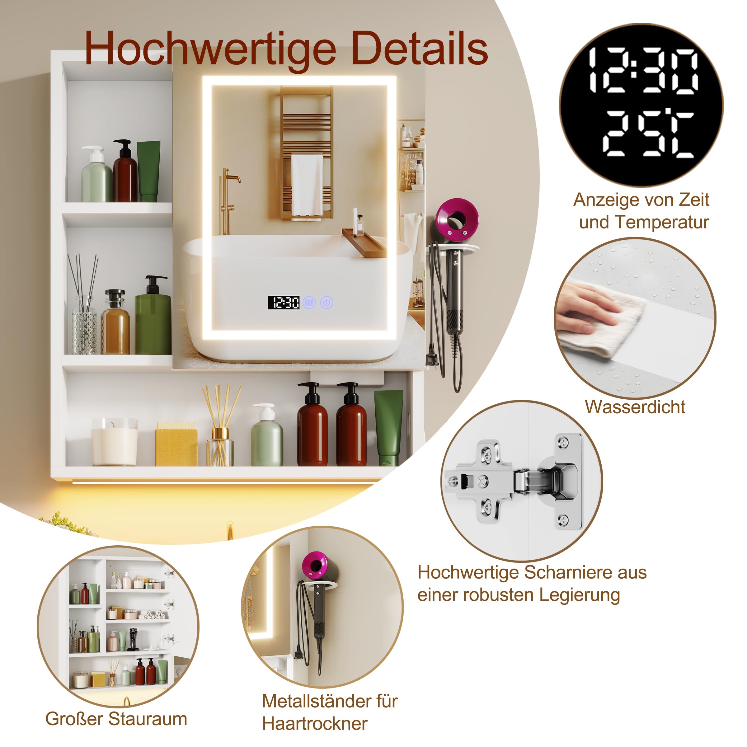 Spiegelschrank Bad mit Beleuchtung und Antibeschlag Funktion Hängender Badezimmer Spiegelschrank mit Zeit- und Temperaturanzeige,Steckdose,Haartrocknerständer und 6 Staufächer,70x80x16 cm