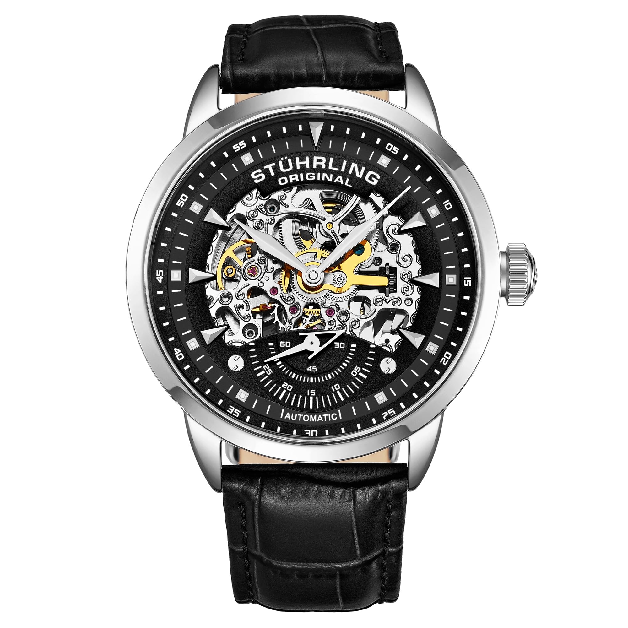 Stuhrling Original Mens Automatic Skeleton Watch - Black Leather Watch Strap