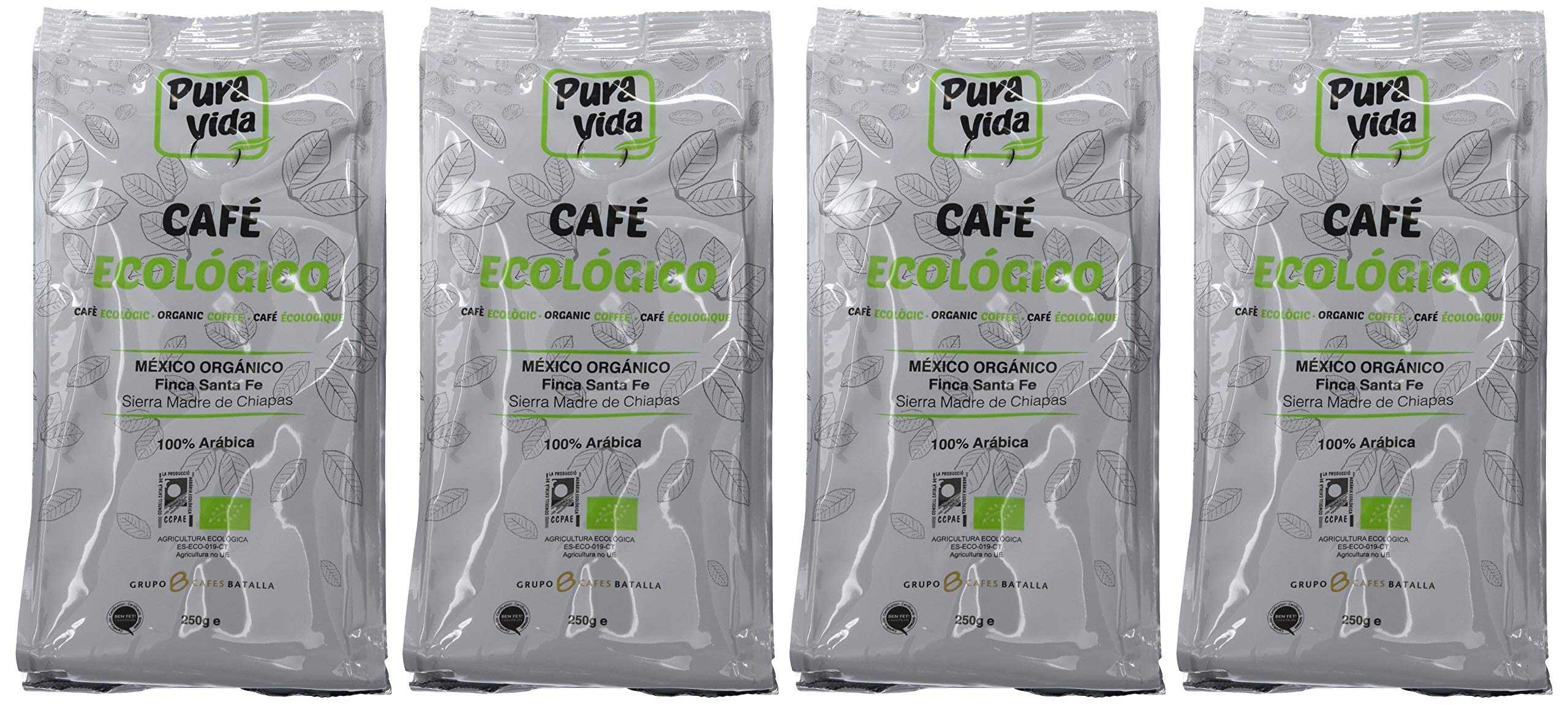 Pura Vida Café Ecológico Natural Molido - 4 Paquetes de 250 gr - Total: 1000 gr