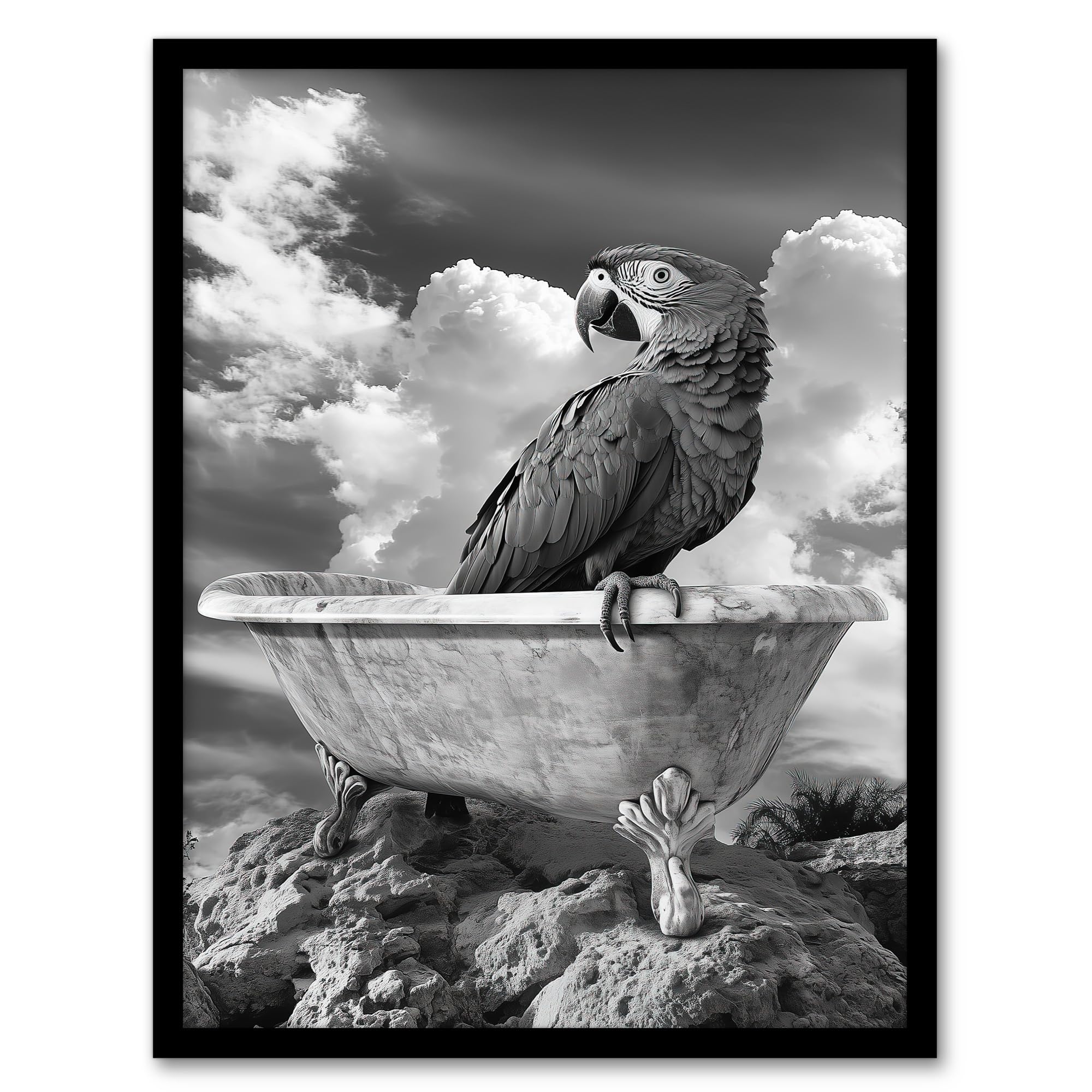Artery8 Macaw Parrot Bird on Bathtub Black White Surreal Bathroom Toilet Artwork Framed Wall Art Print A4