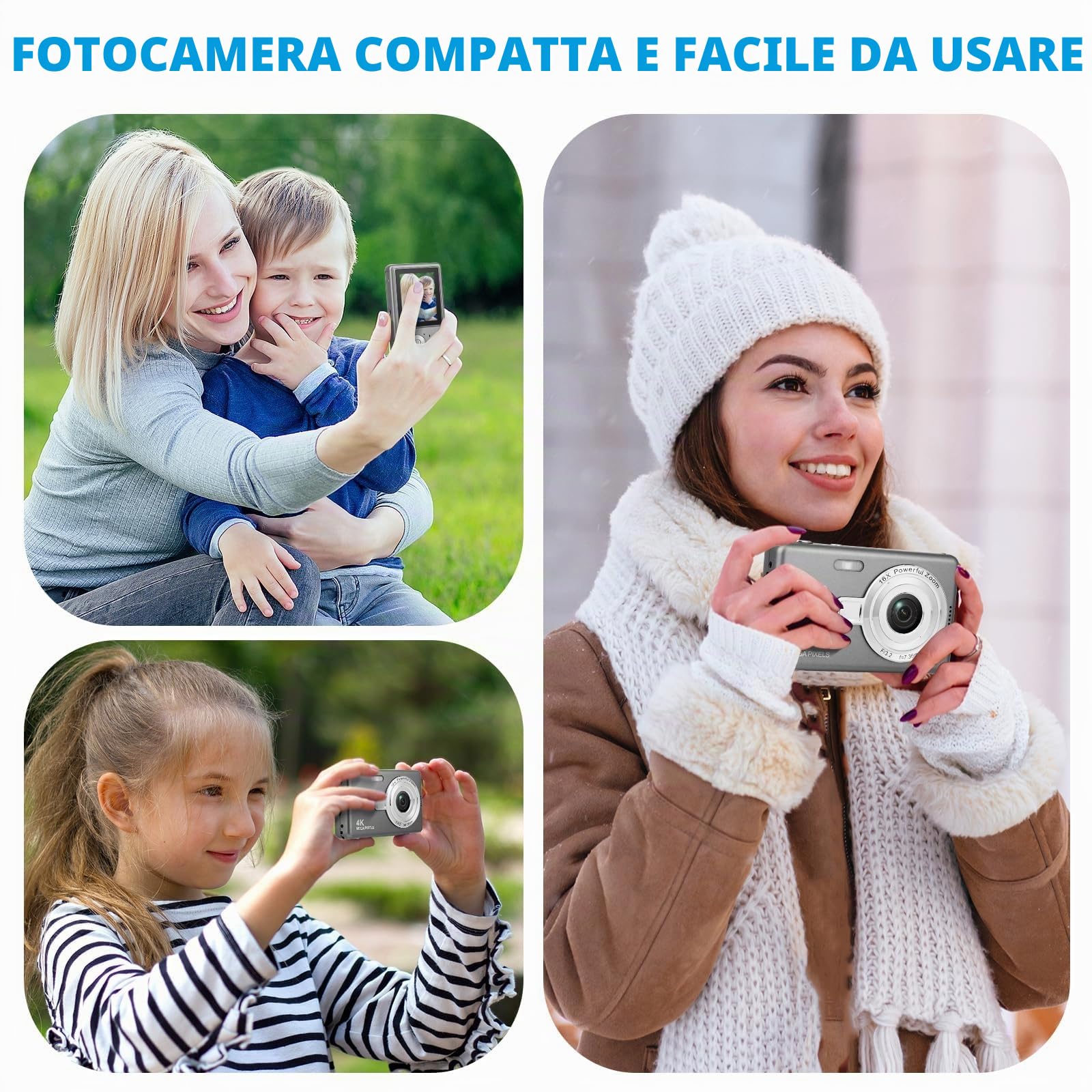 Macchina Fotografica Digitale con Scheda 64GB, 1080P 40MP Fotocamera Digitale Compatta con Zoom Digitale 8X Flash, Fotocamere Digitali Per Bambini Adolescenti Adulto Principianti (Grigio scuro)