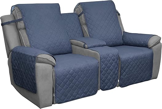 Easy-Going Loveseat Recliner Cover with Console, Reversible Couch Cover for Living Room, Split Sofa Cover for Each Seat with Elastic Straps for Kids, Dogs, Pets2 Seater, Dark Blue/Light Blue
