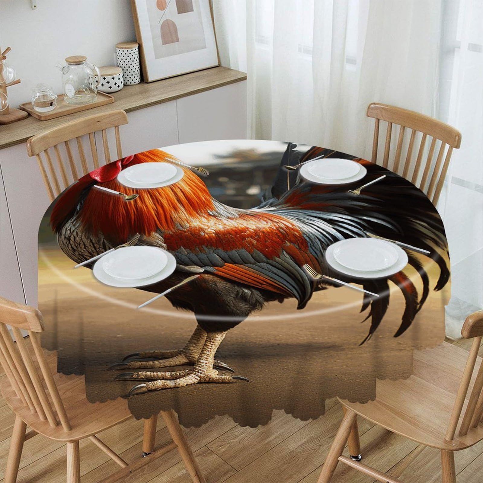 VstaDank Proud Rooster Round Tablecloth Premium Polyester Table Cloth Heavy Duty Washable Fabric Tablecloth Waterproof Holiday Table Cover Decorative Tablecloths for Dining 60"