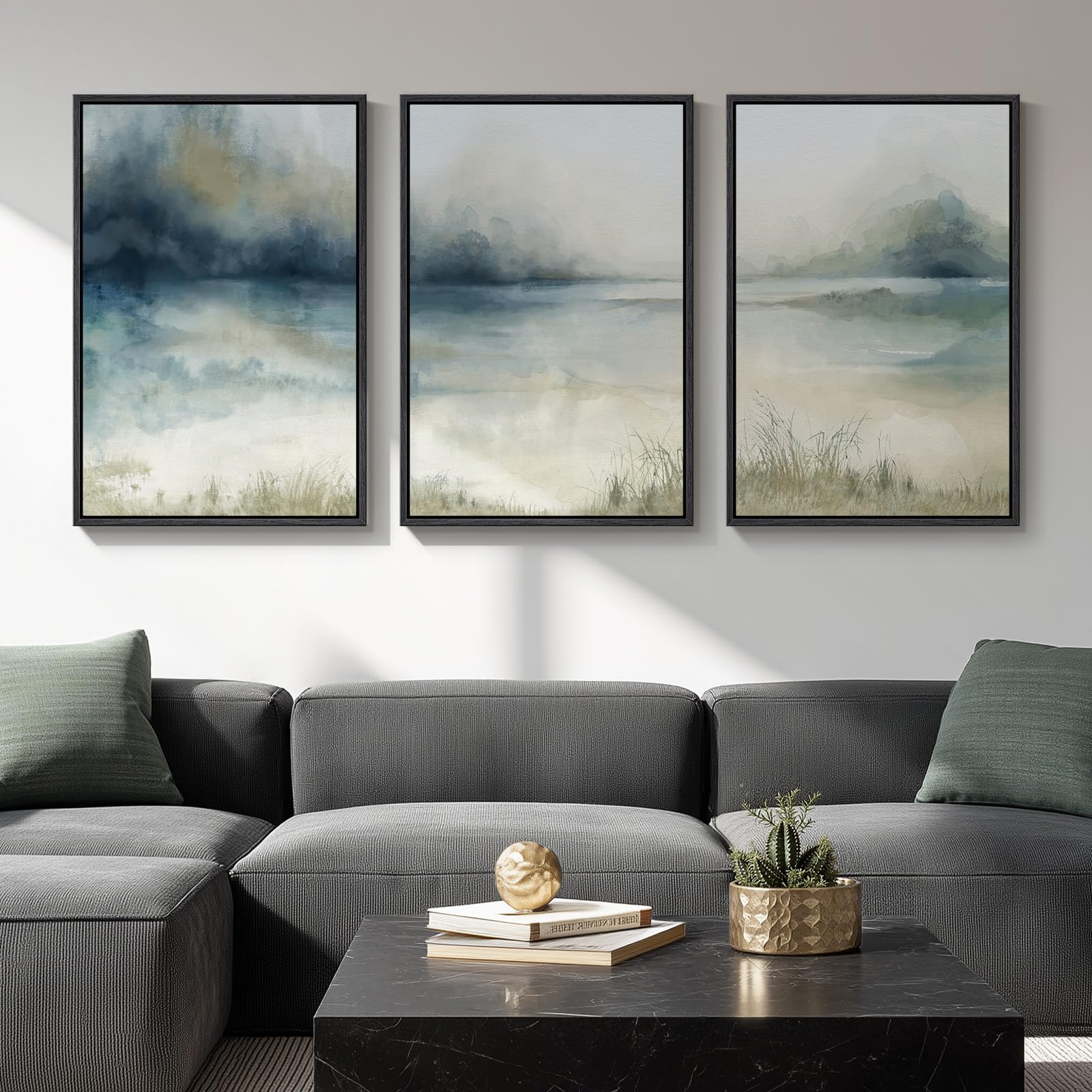 Amazon.com: Large Framed Blue Abstract Landscape Wall Art, 3 Piece