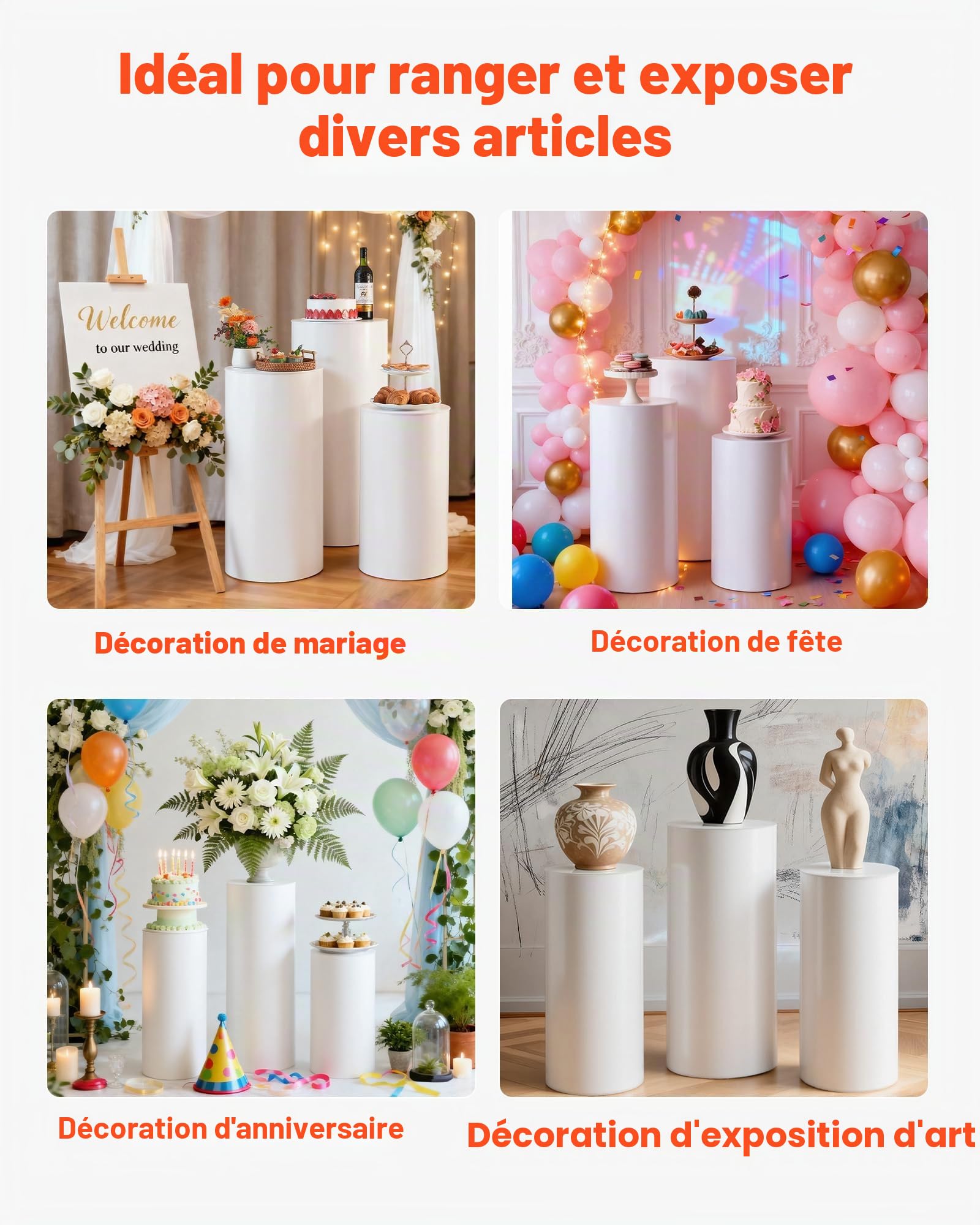 VEVOR Support Fleur Mariage Cylindrique Lot de 3 Support Cylindre Anniversaire 60/75/90 cm Présentoir Fleurs Mariage pour Mariages Fêtes Anniversaires Déco Artistique, Couvercle PVC Charge 15 kg Blanc