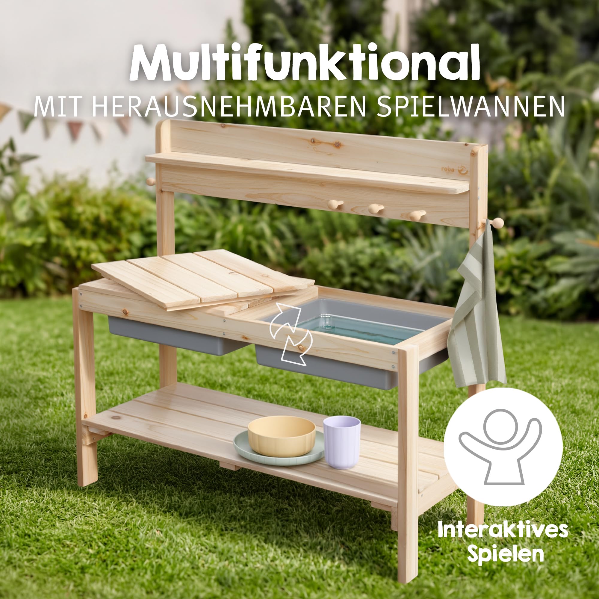 roba Kinder Outdoor+ Gartenküche "Fun" - Holz - Matschküche mit Abnehmbarer Abdeckung - Natur