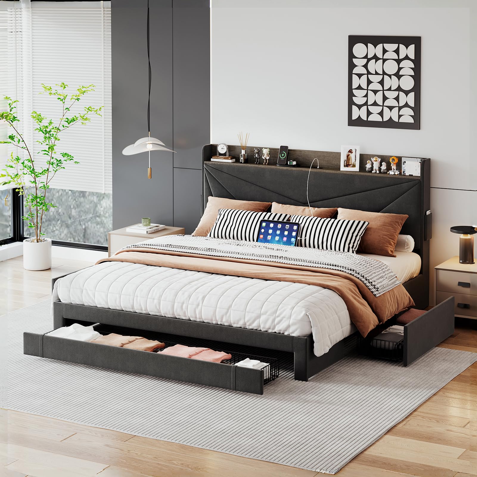 ECHINGLE Bed Frame Full Size with 3 Drawers, Upholstered Full Size Bed Frame with Storage Headboard, AC USB & Type C Charge Station, Wooden Support