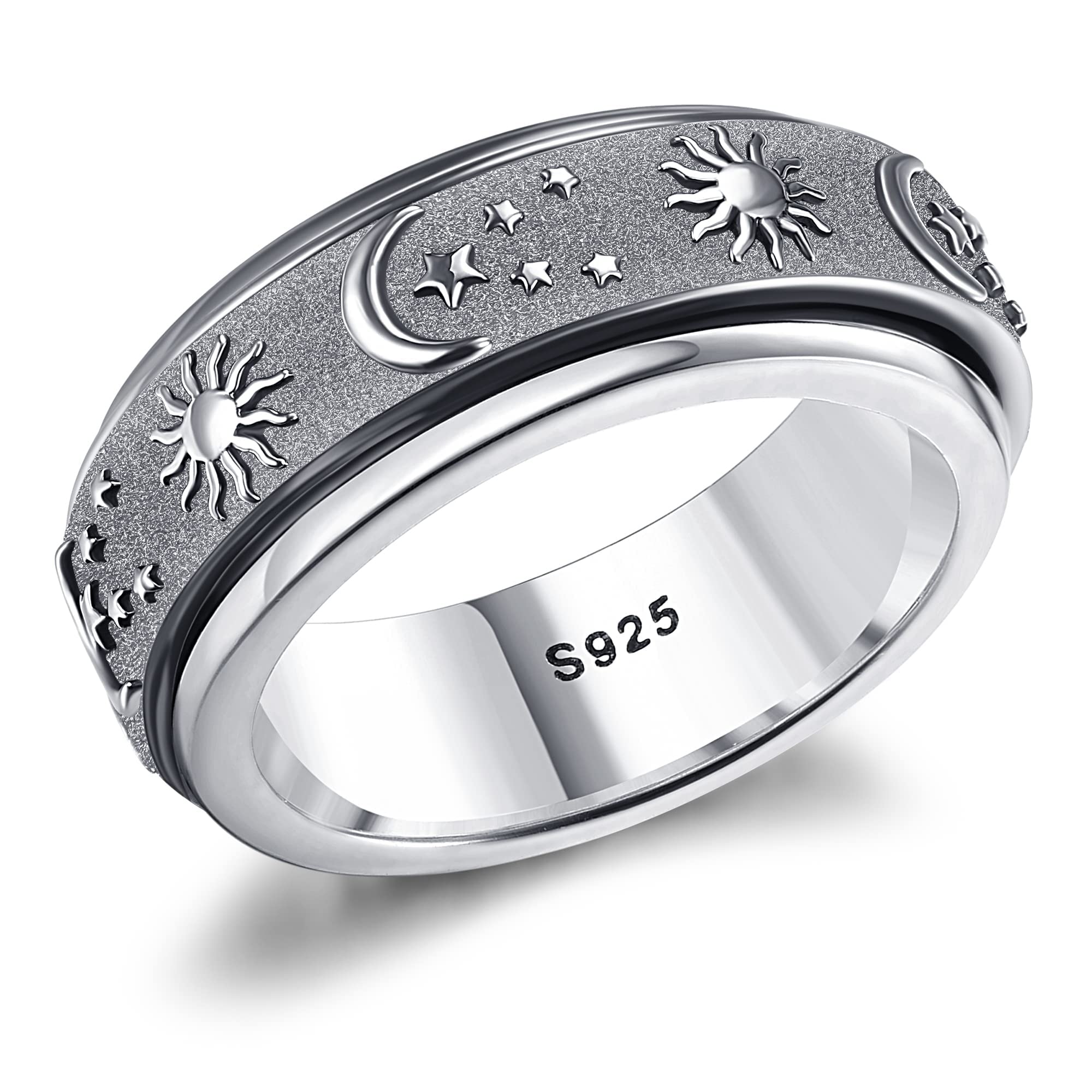 MILACOLATO Fidget Anillo de Plata de ley 925 Para Mujeres y Hombres, Chapado en Oro Blanco de 18 Quilates, Anillos Llamativos Sol Luna Estrellas Anillo Spinner de Banda