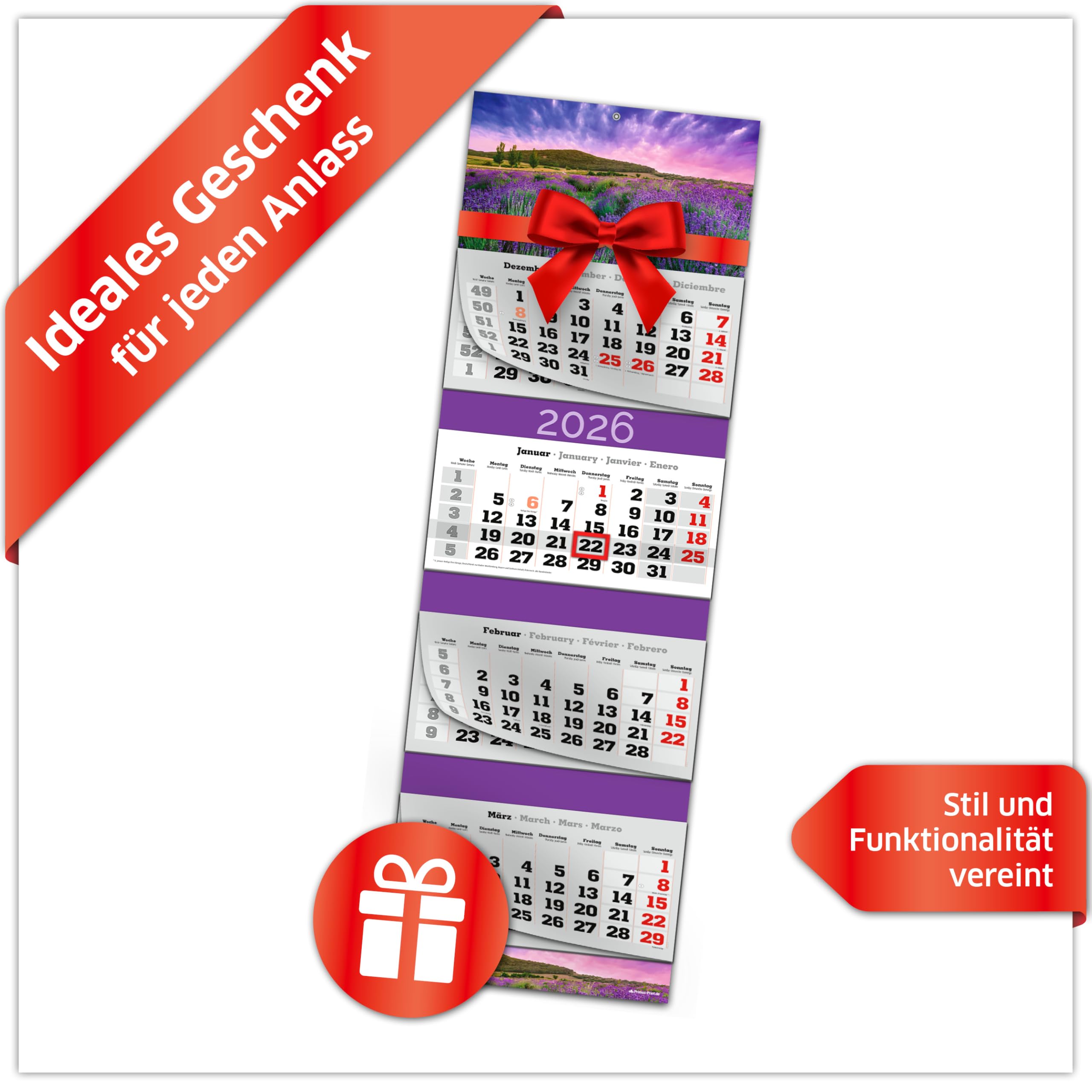 PRIMUS PRINT Calendario XXL 2026 – Calendario de pared – Calendario de pared de 4 meses – con fecha deslizante, calendario para colgar, incluye días festivos y vacaciones, varios diseños – [1 lavanda]
