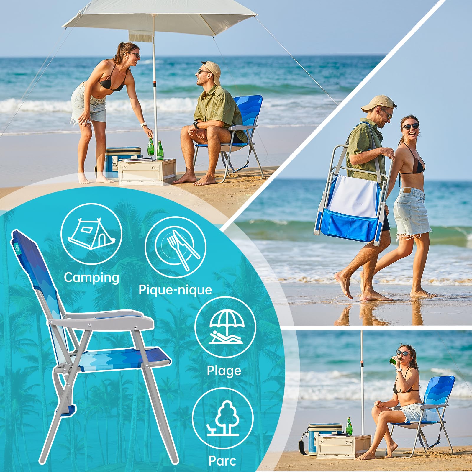 #WEJOY Chaise de Plage Pliable Fauteuil de Plage avec Dossier Haut Chaise de Camping Pliante Chaise de Pêche avec Accoudoirs, Charge Max 136 kg pour Camping Extérieur Plage Jardin Terrasse Lot de 1/2