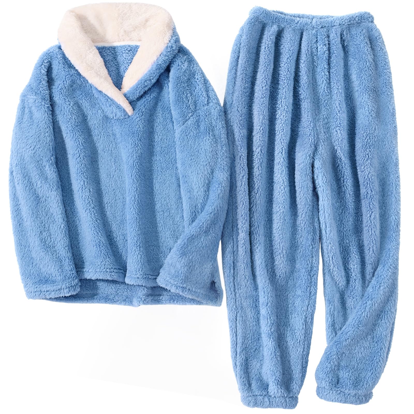HEEKPEK Fuzzy Pajamas Set for Women Winter Warm Fluffy Loungewear Soft Fleece Pj Pants 2 Piece Plush Sleepwear Lounge Tops