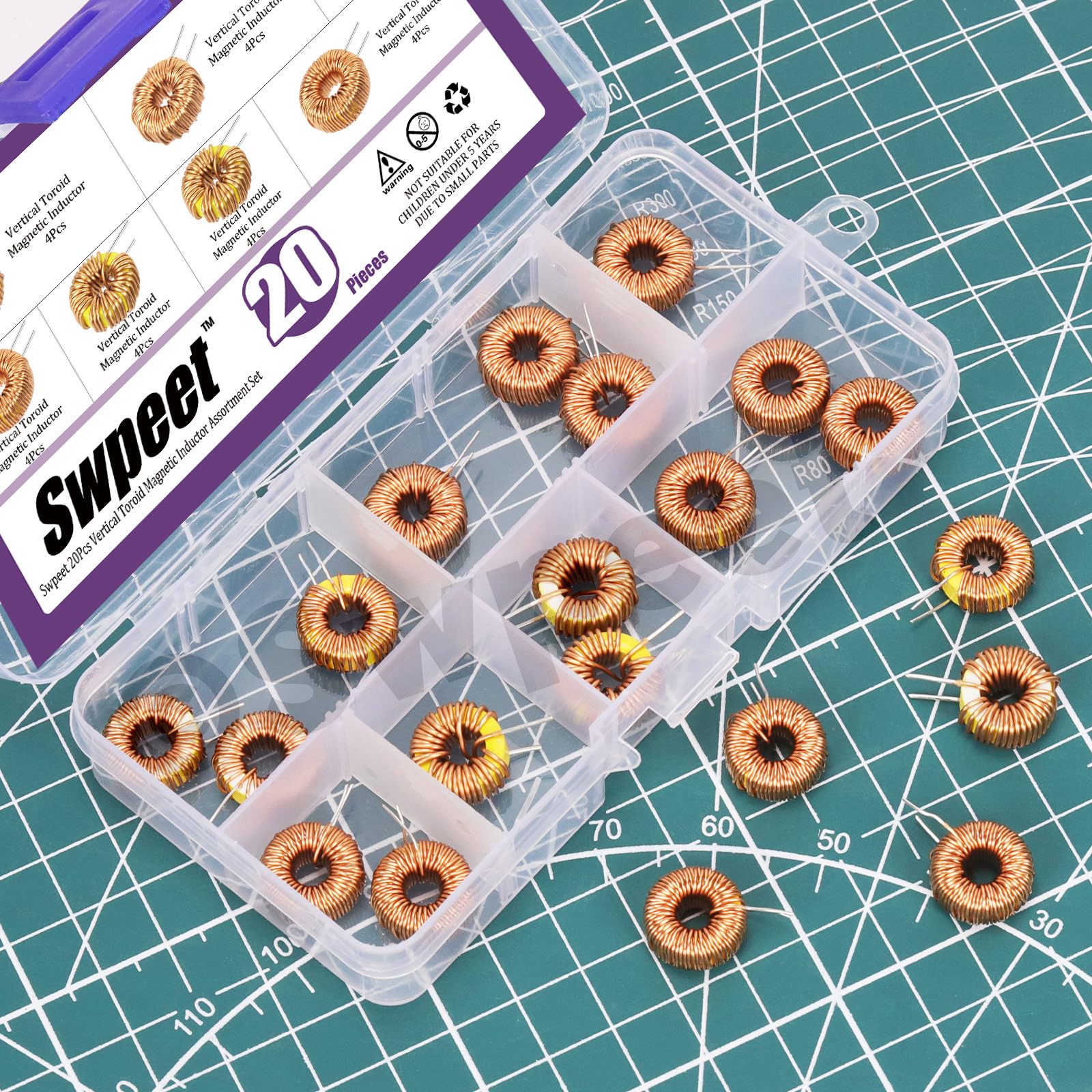 Swpeet Lot de 20 bobines d'inductance à noyau magnétique toroïde 5 tailles 22UH-10A 50UH-5A 100UH-6A 220UH-5A 330UH-3A Fil de cuivre Bobine d'inductance Parfait pour les transformateurs DIY Circuit
