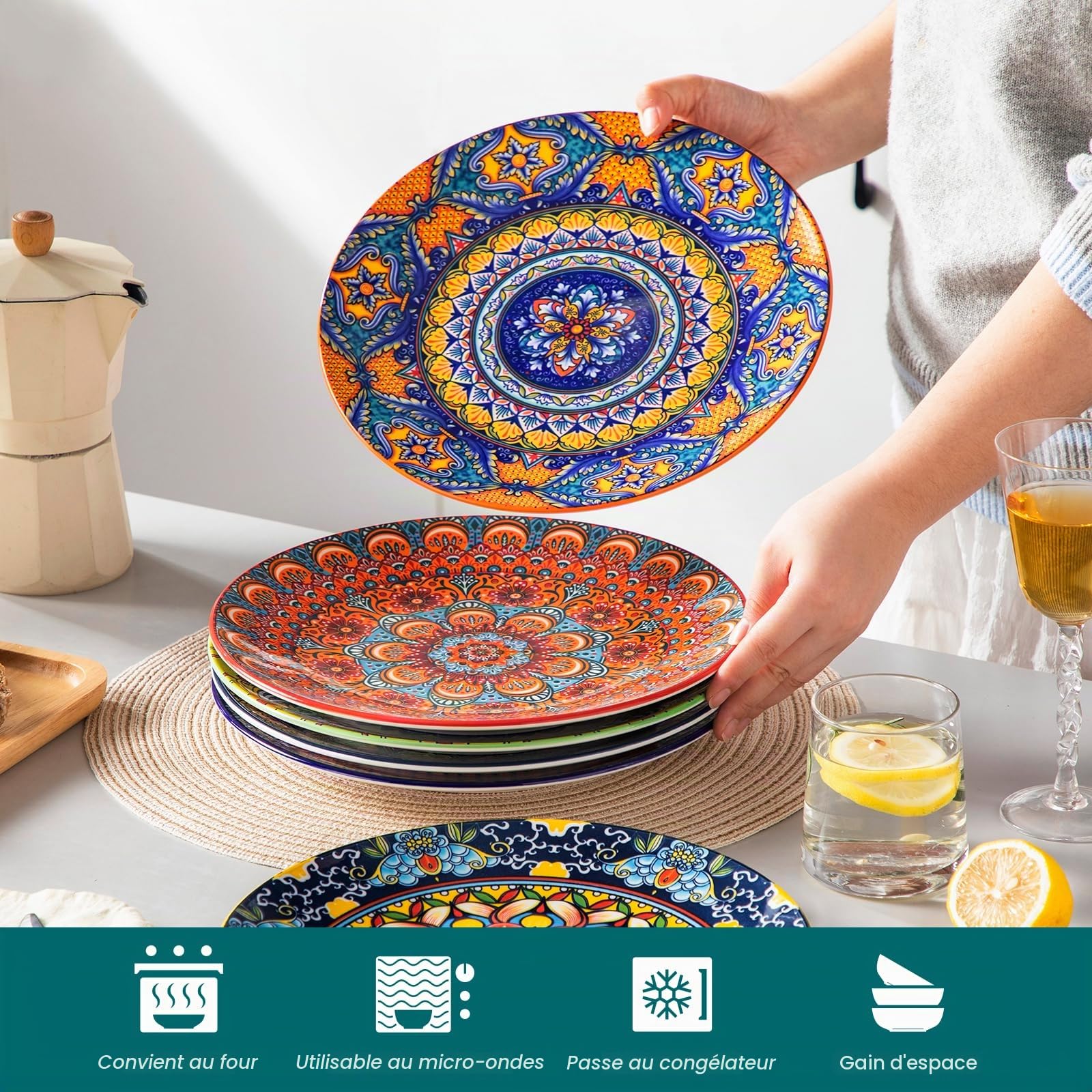 vancasso Lot de 6 assiettes plates, KRVI Lot de 6 assiettes plates, Ø 27 cm Lot d'assiettes adaptées au lave-vaisselle et au micro-ondes, assiettes à pâtes, assiettes à petit-déjeuner
