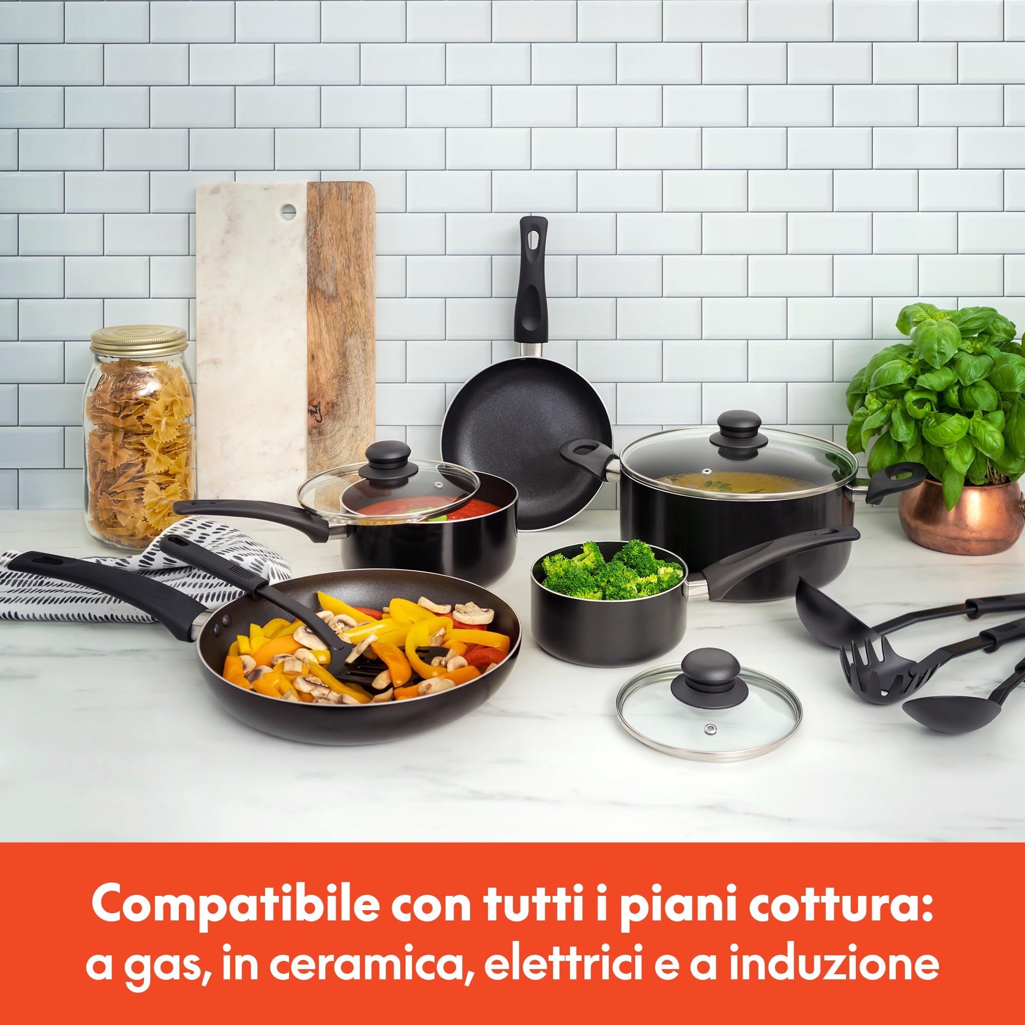 bella Set di pentole, 12 pentole e padelle con utensili, antiaderenti, senza PFOA, antigraffio, superficie di cottura compatibile con tutti i fornelli, nylon e alluminio, nero