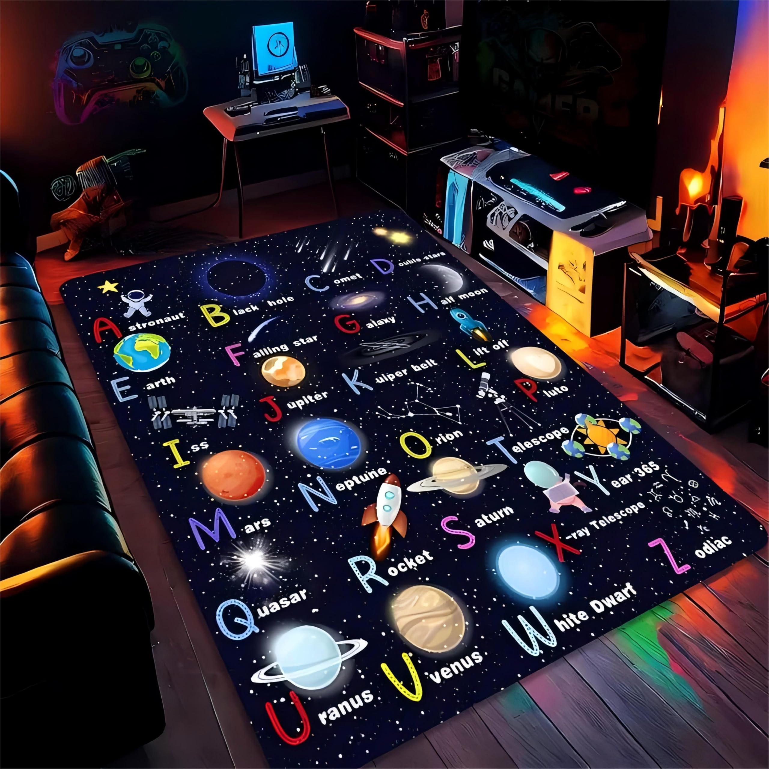 Kuluoits Galaxy Starry Sky Area Rug, 60x90cm ABC Educational Learning Planet Constellation Rocket Washable Indoor Rugs, Non-Slip and Easy-to-Clean Carpet for bedrooms, living rooms, children's rooms
