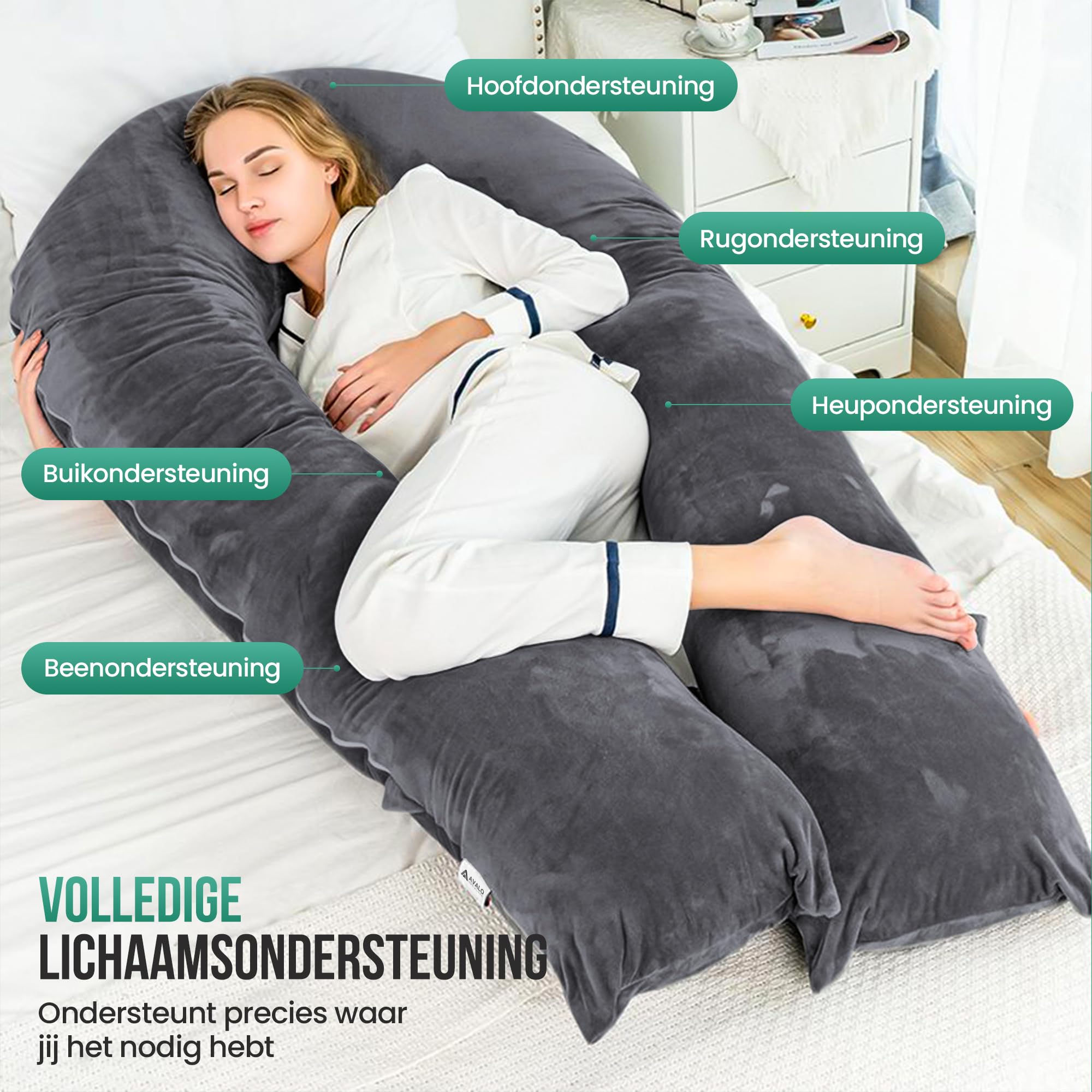 Avalo Cojín de Maternidad XXL 280 cm - Cojín lateral en forma de U - Cojín ergonómico para el cuerpo - Cojín de Nutrición y Almohada para el Cuerpo para Mujeres Embarazadas - Gris Oscuro