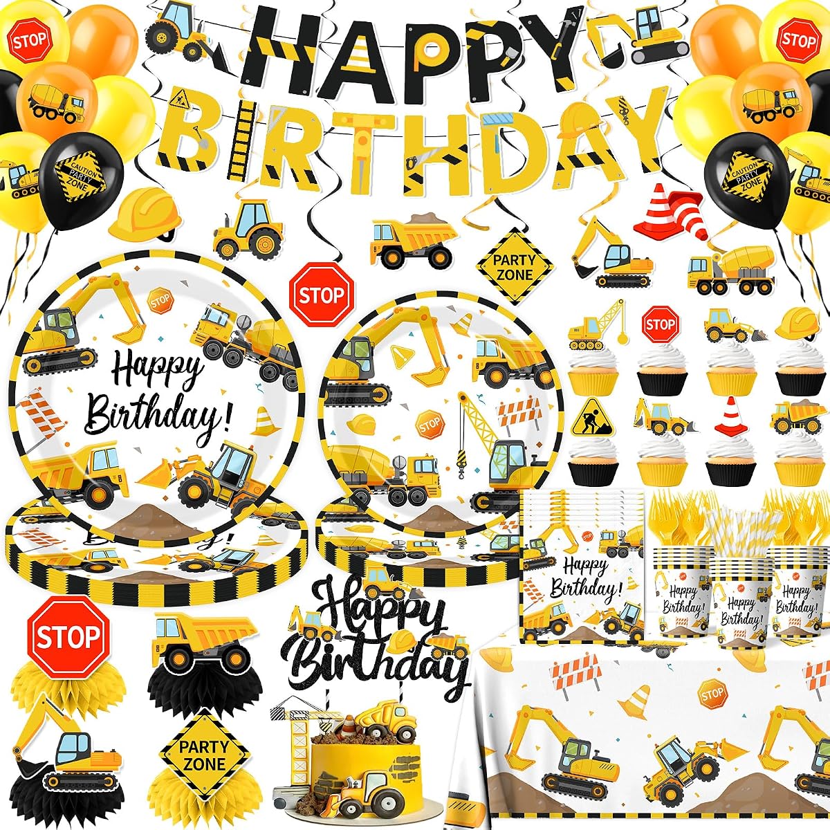 Construction Birthday Decorations,245PCS Construction Birthday Party Supplies-Includes Plates Napkins Cups Banner Balloons Tablecloth and Cake Toppers for Kids TruckTheme Celebration Tableware