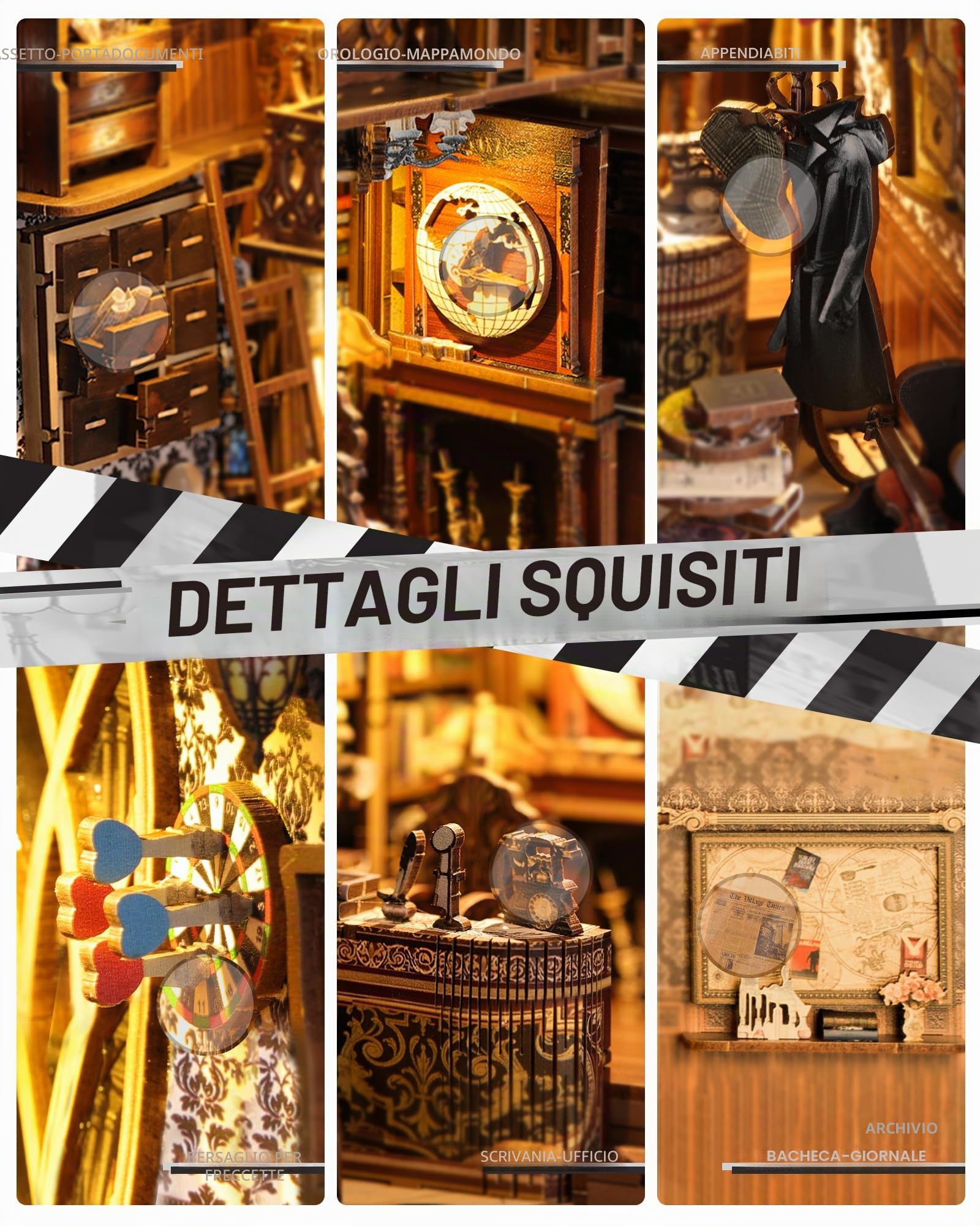Quanquer Book Nook Kit_ con luce a LED, copertura antipolvere in miniatura, casa delle bambole in miniatura, libreria in legno 3D, puzzle in legno, detective office booknook(detective Office)