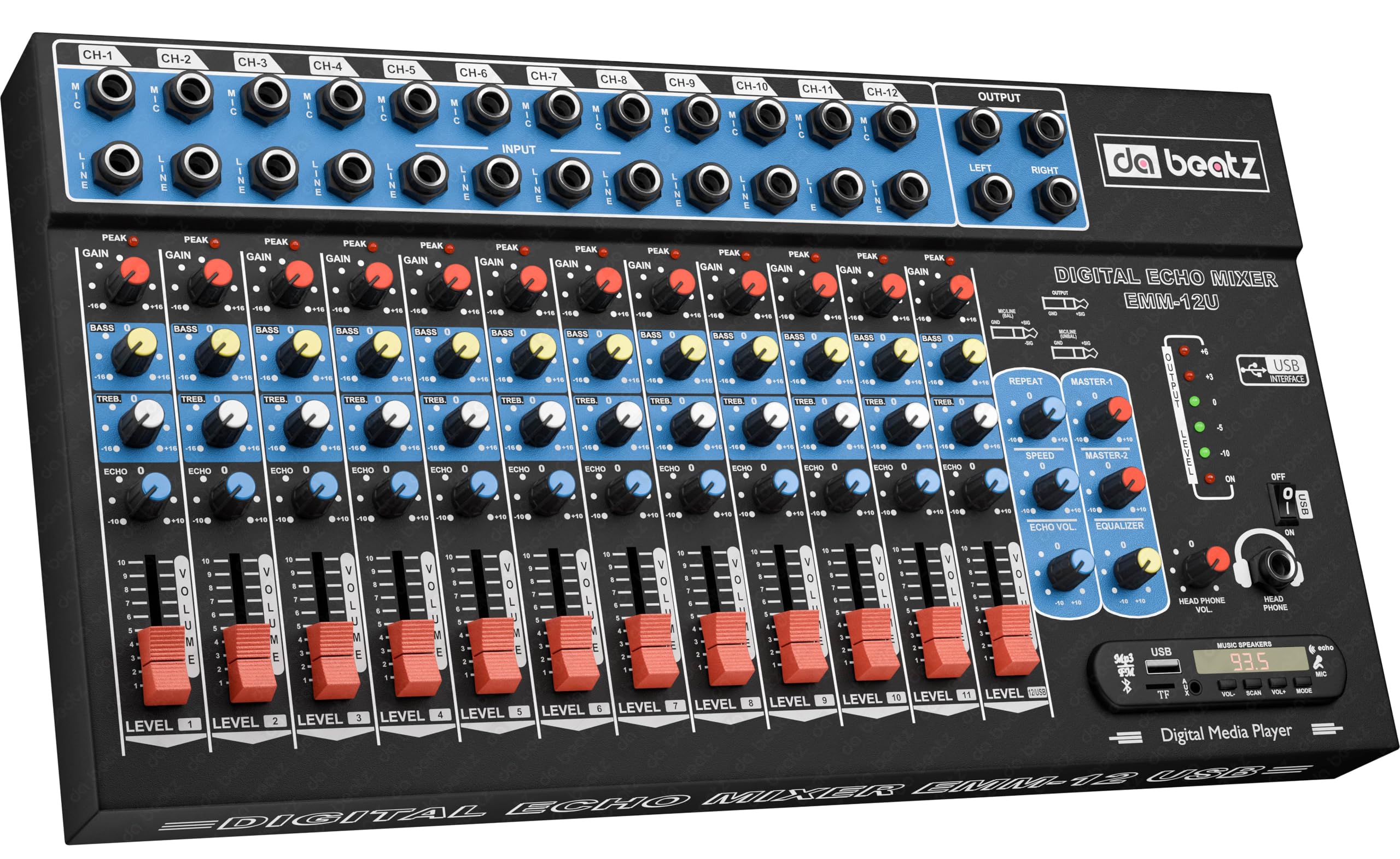 DaBeatz 12 Channel Stereo Echo DJ Mixer- Ideal for DJ, Parties