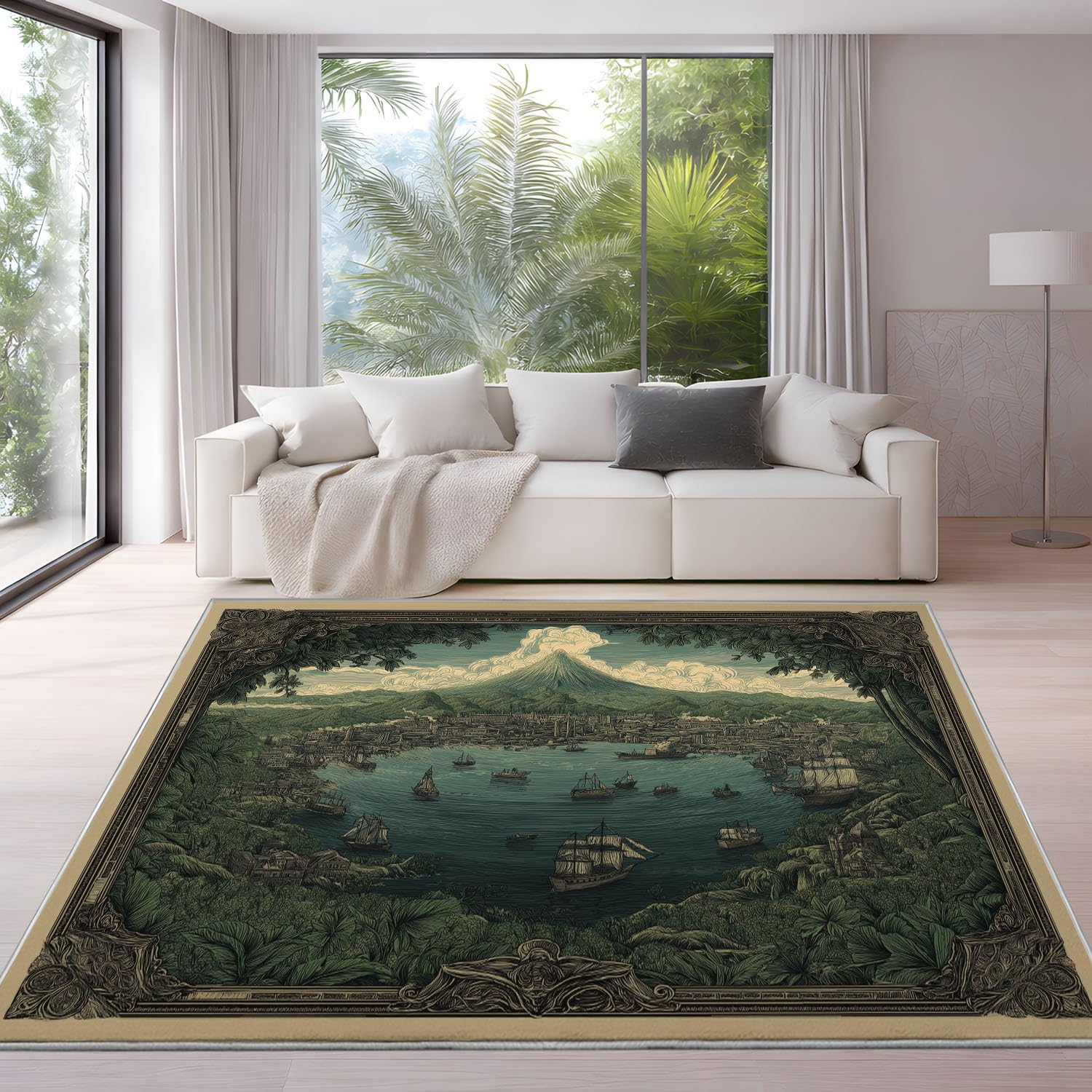 Genérico Alfombras Estampadas 120 x 180 cm, Océano Vintage Alfombra Antideslizantes Puerto Barco montaña Clásico nostálgico, Alfombras Lavables Despacho salón, Verde Oscuro