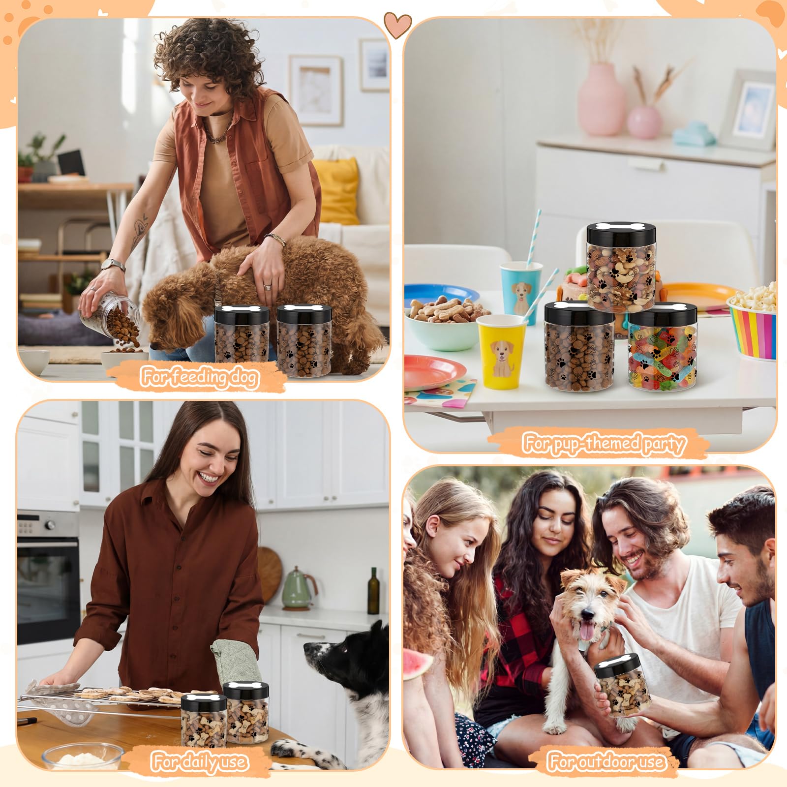 Suclain Confezione da 12 barattoli in plastica da 226,8 g, con coperchio con etichette per osso, piccoli contenitori vuoti trasparenti per alimenti secchi, snack, snack per cani, gatti, feste di