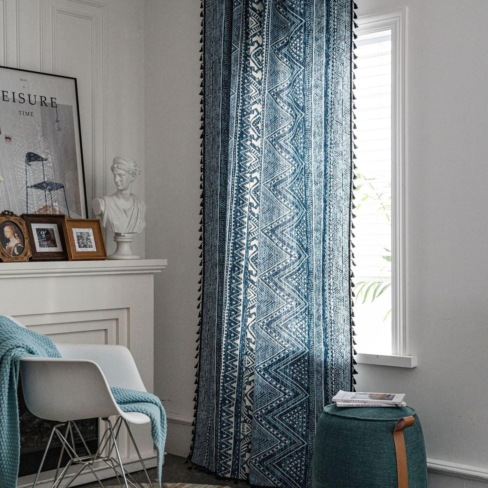 Lot 2 Rideaux Panneau Rideau Voilage 2 x 150W x 180H CM,Rideaux Panneaux Voilage Bleu Motif Géométrique Rideau a Oeillet