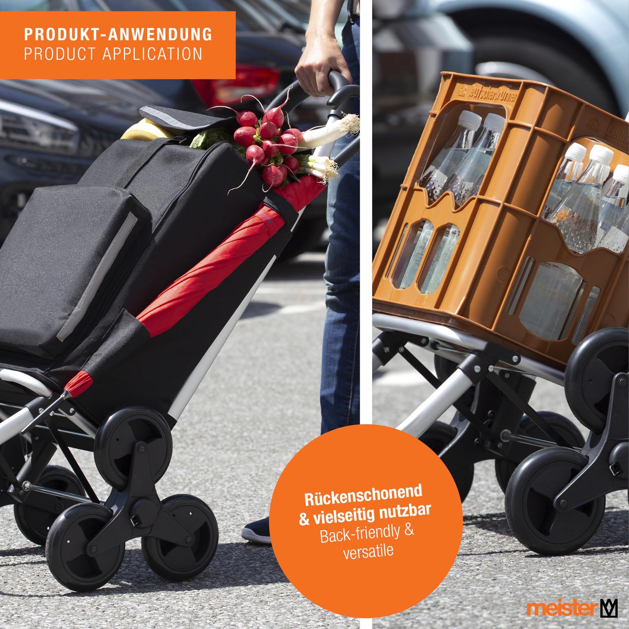 Meister - Carrito de la compra, 54 L, con compartimento refrigerador, bolsa extraíble y resistente a la lluvia, colgador para el carro de la compra, carrito plegable, 6816810