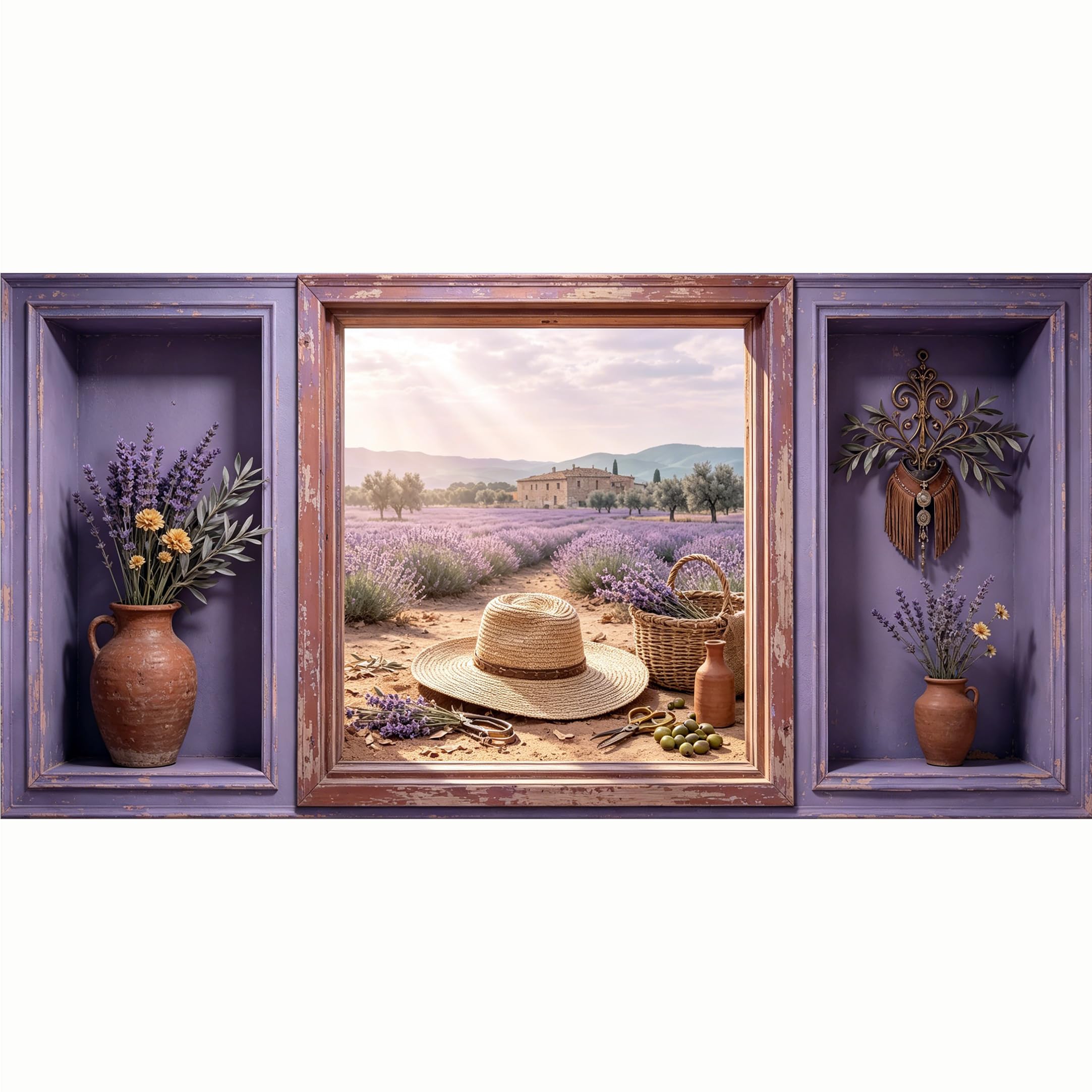 QZLITHOTIC 50x100cm 3D Framed Wall Art， Provence Lavender Field Tuscan Landscape Farmhouse Self‑Adhesive Mural， Water‑Activated Peel & Stick Fabric Decor Wall Decal for Bedroom Living Room