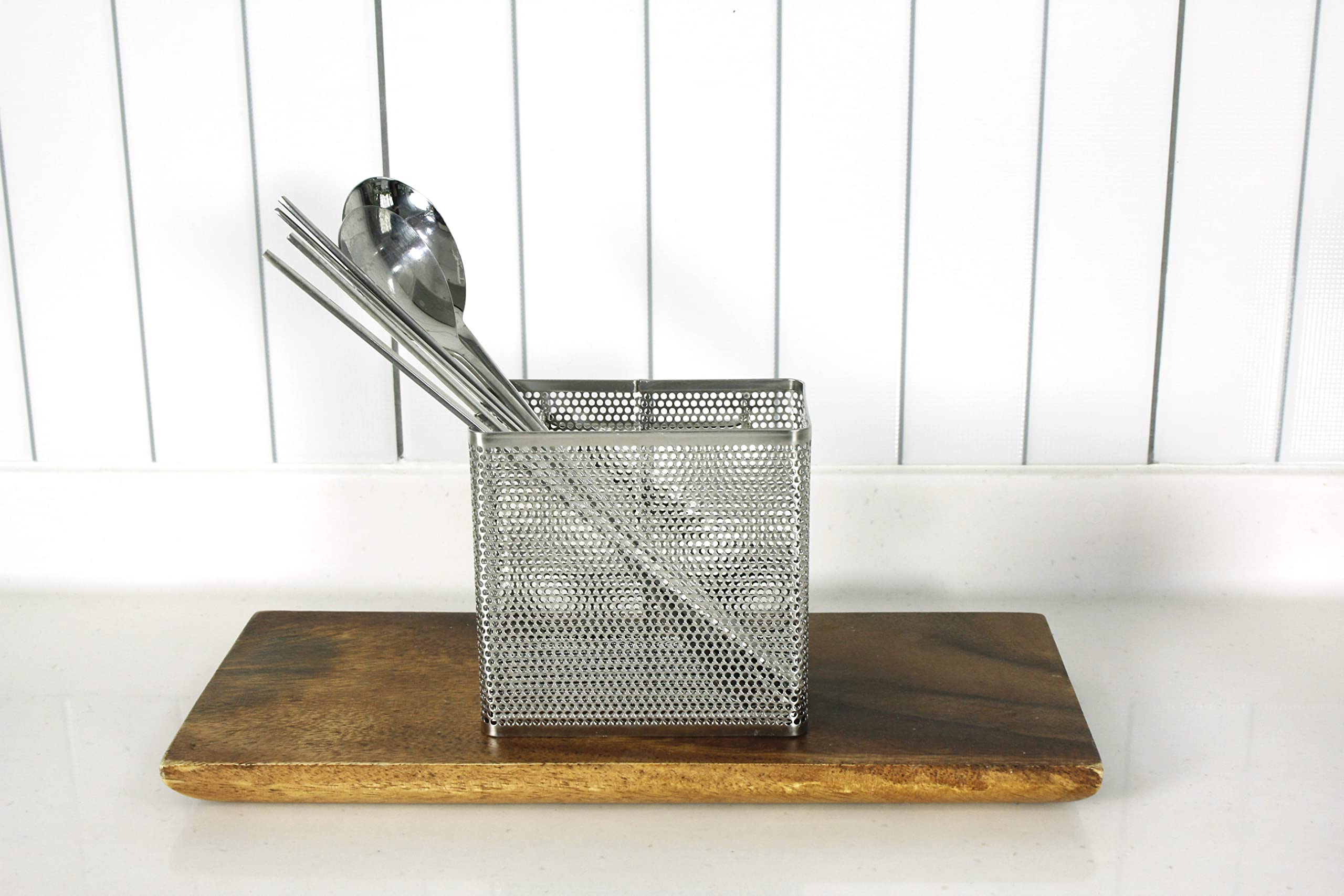 Porta Utensili Da Cucina In Acciaio Inox Con Ganci - Scolabacchette Forato - Small Square Caddy - 2