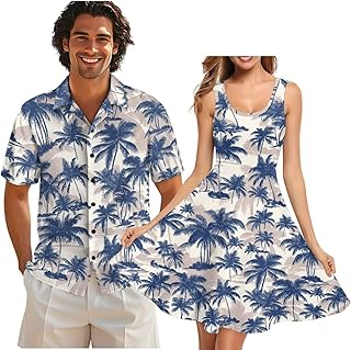 Gomyblomy Matching Hawaiian Outfits for Couples Mens Button Down Shirts and Womens Sleeveless Sundress