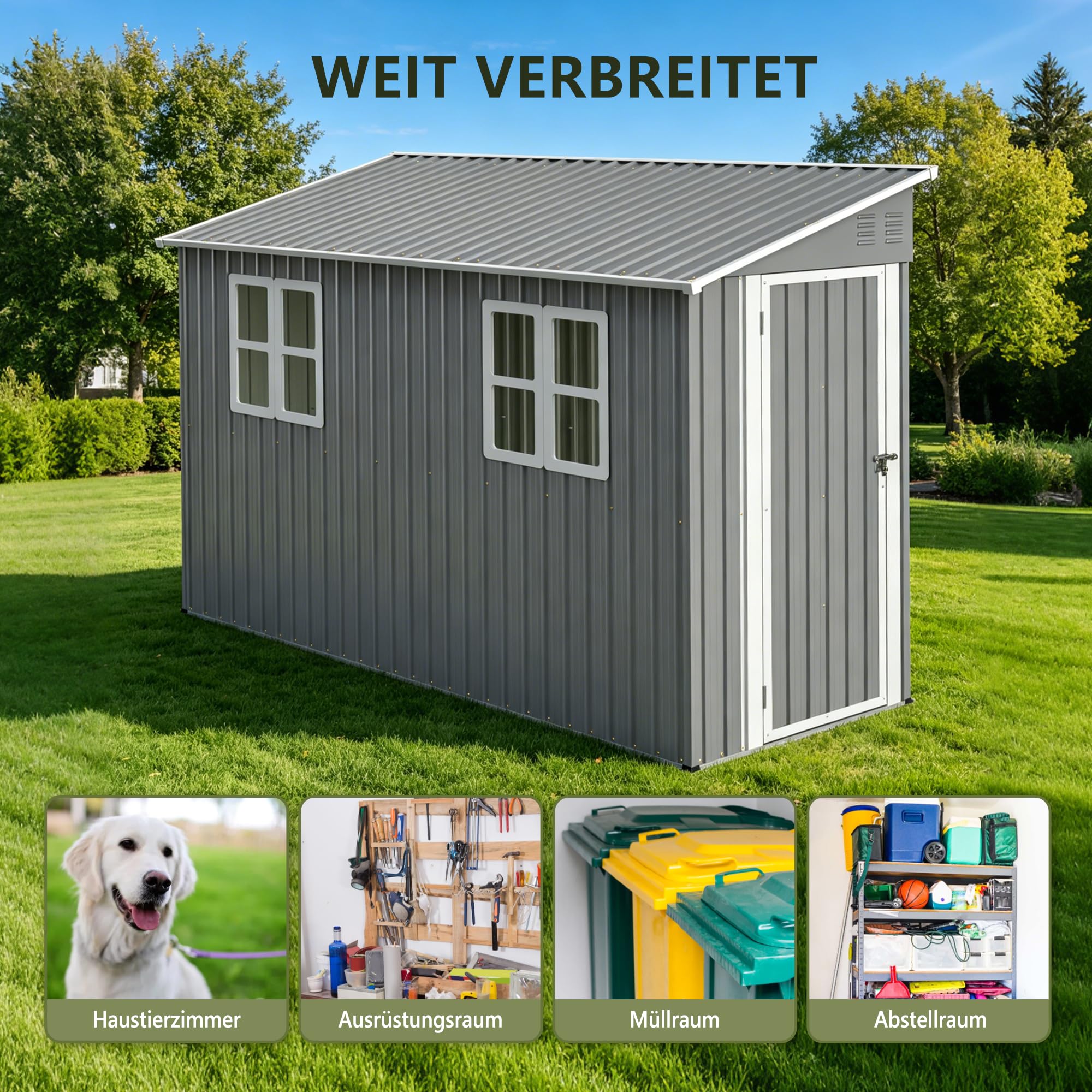 Stabiles Metall Gartenhaus – 1,2x3 m Geräteschuppen mit Stahlrahmen, wetterfest & sicher, Grau (Grey, 291x110.8x188.6 cm)