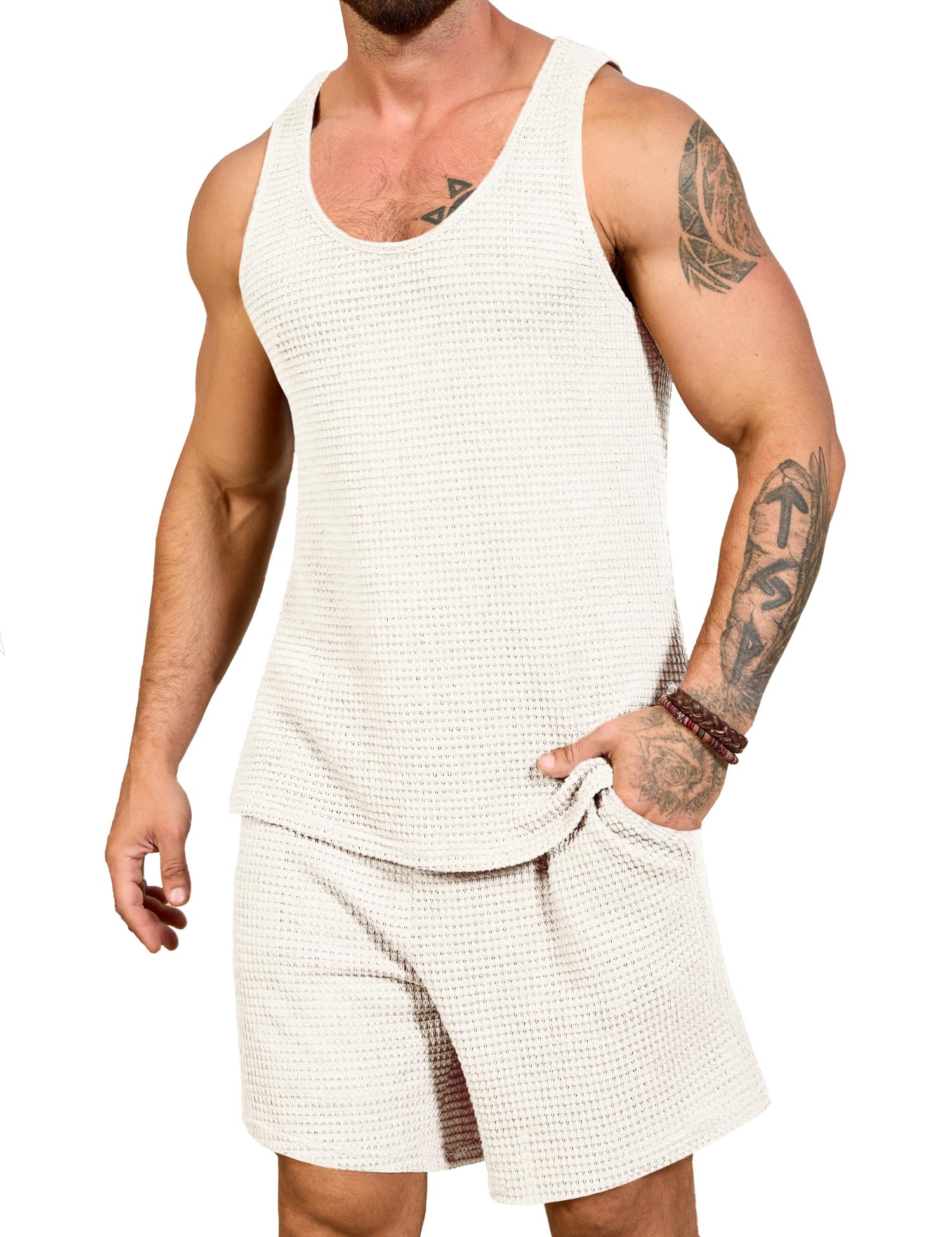 FASIMAN Mens Waffle Shorts Sets 2 Piece Outfits Sleeveless Summer Beach Tank Tops and Shorts Casual Loungewear Sets Suits