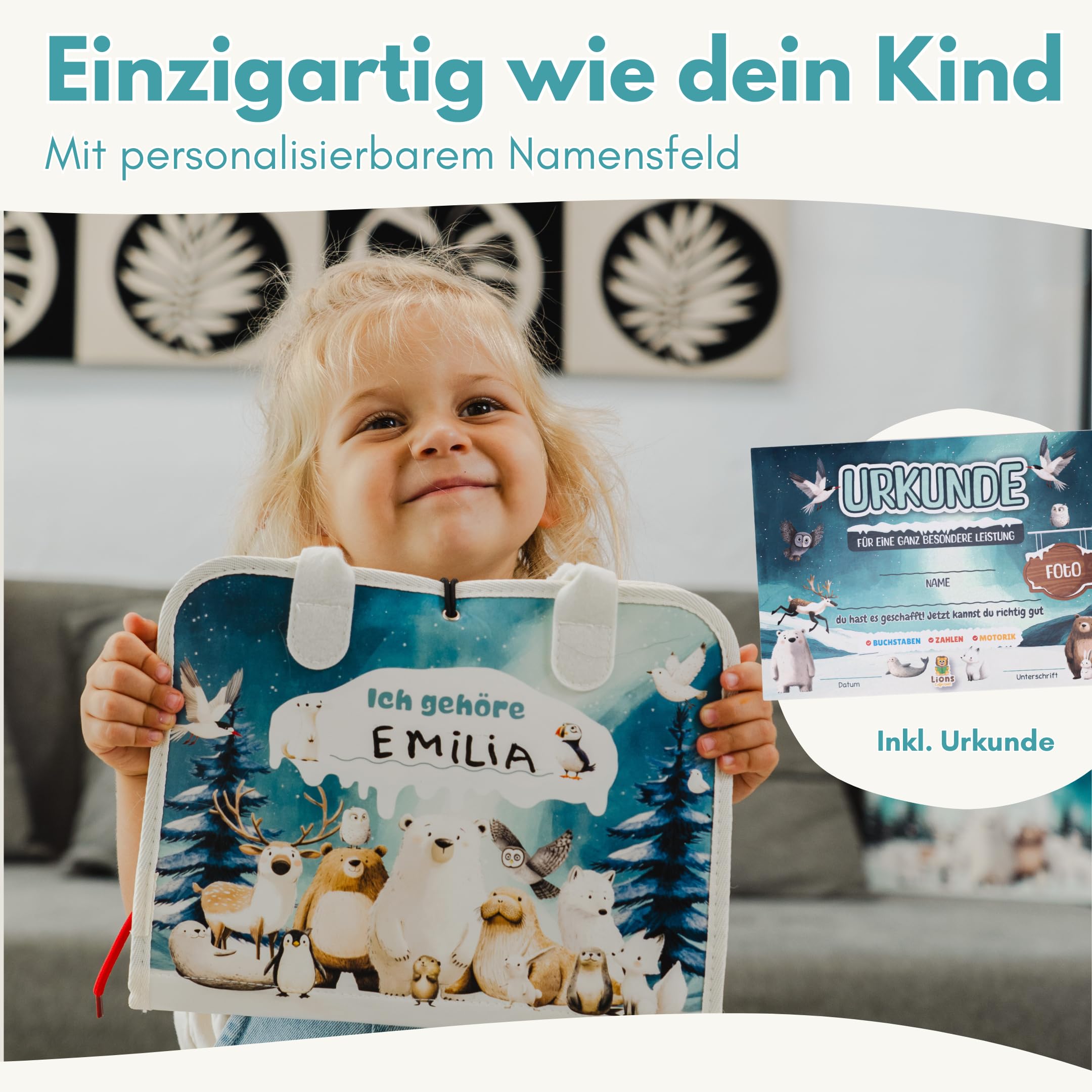 Lion’s Collection Montessori Busy Board Deutsch ab 3 Jahre – Busy Book & Activity Board für Kinder – Motorikbuch & Lernbuch – Reisespielzeug für Auto, Zug & Flugzeug