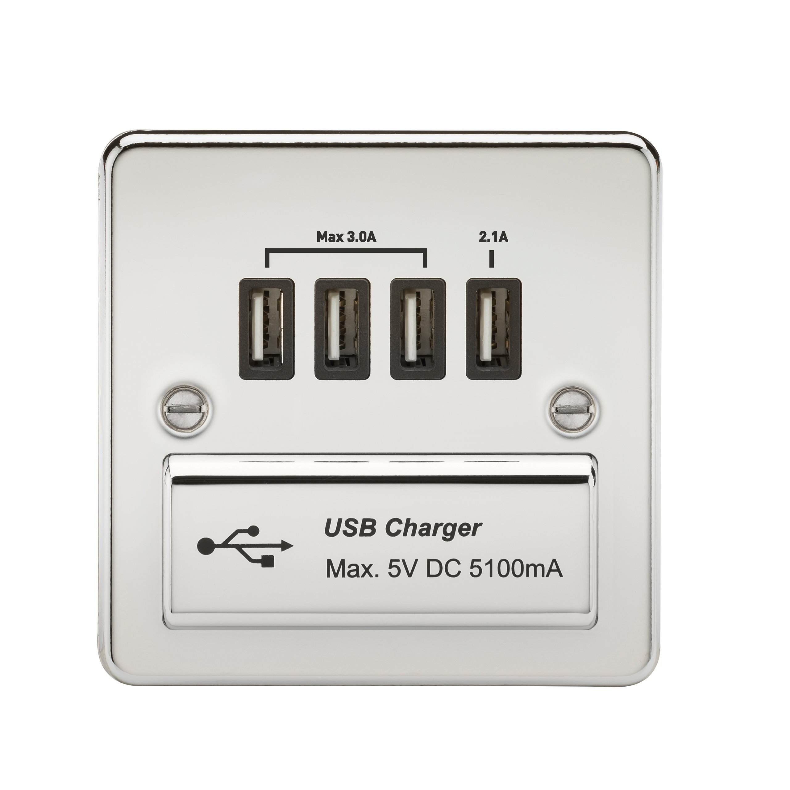 Knightsbridge FPAVQUADPC 5 V DC 5.1 A 1-Gang Flat Plate Quad USB Charger Outlet with Black Insert - Polished Chrome
