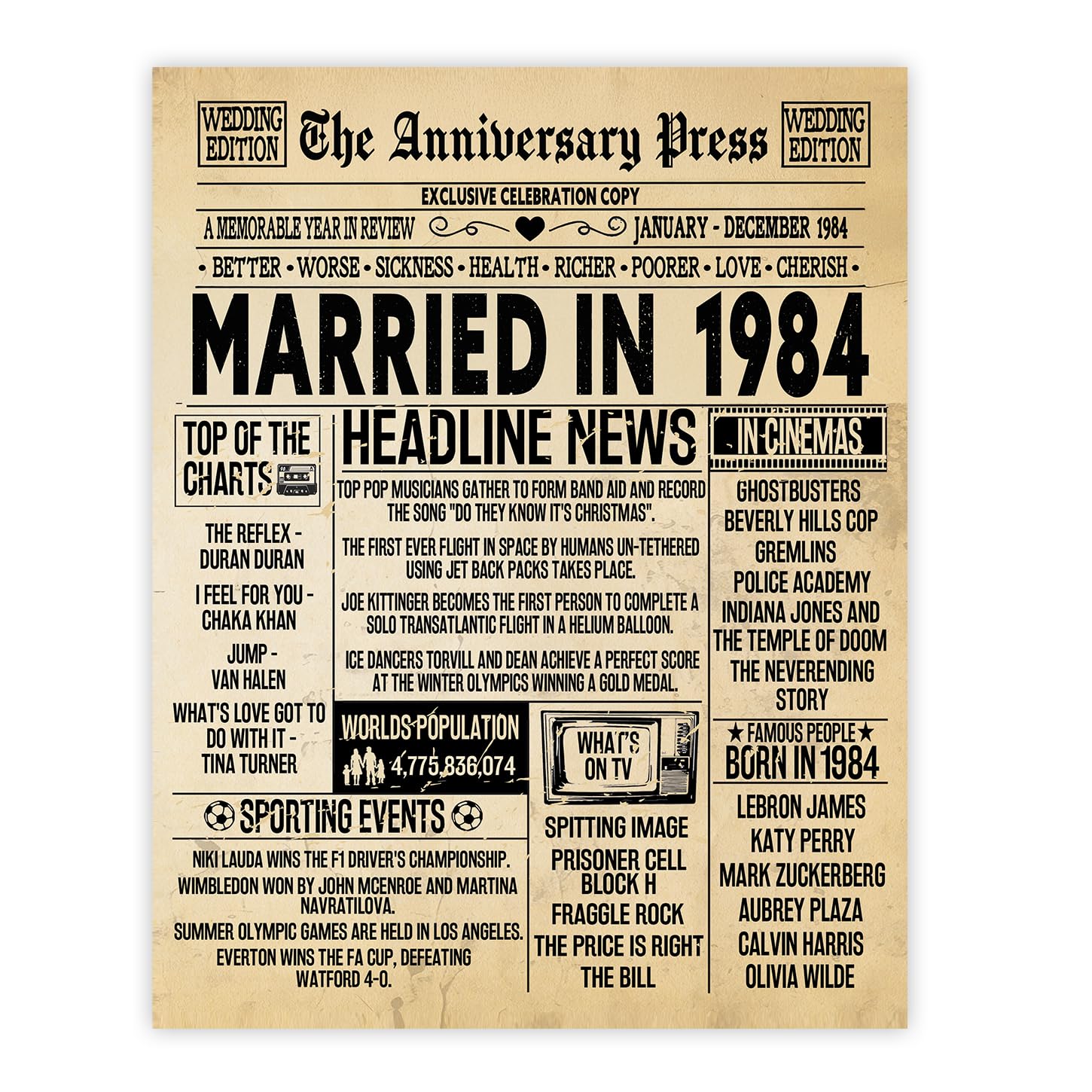 Stuff4 Men's 1984 42Nd Anniversary Poster Unframed - Married In Newspaper - 42 Wedding Anniversary For Wo Retro Vintage Gifts Back In 8X10 Inch Anniversaries Posters