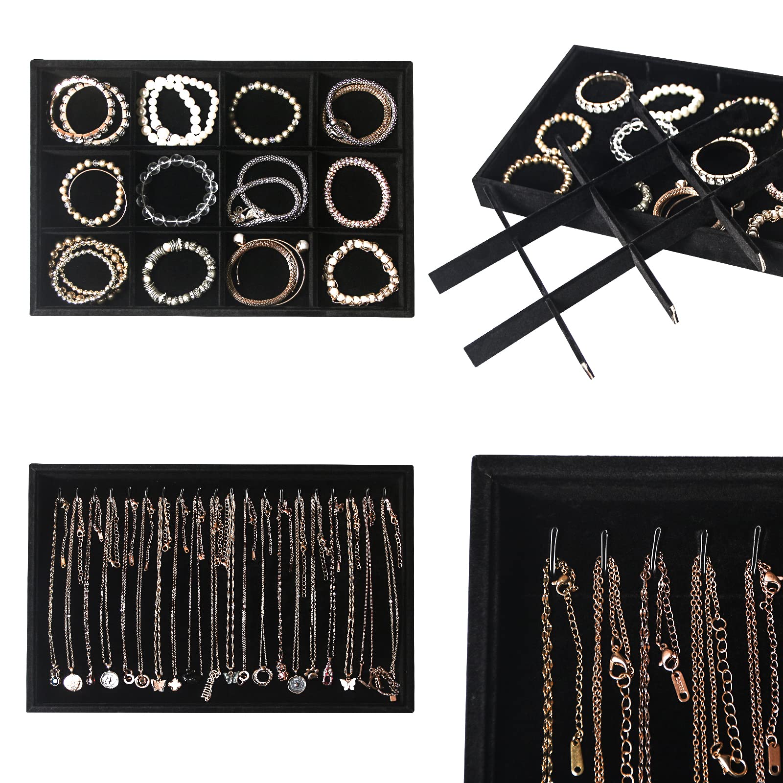 Set di 5 vassoi impilabili per gioielli, anelli, collane, orecchini, bracciali, espositori, vassoi con coperchio in vetro (velluto nero)