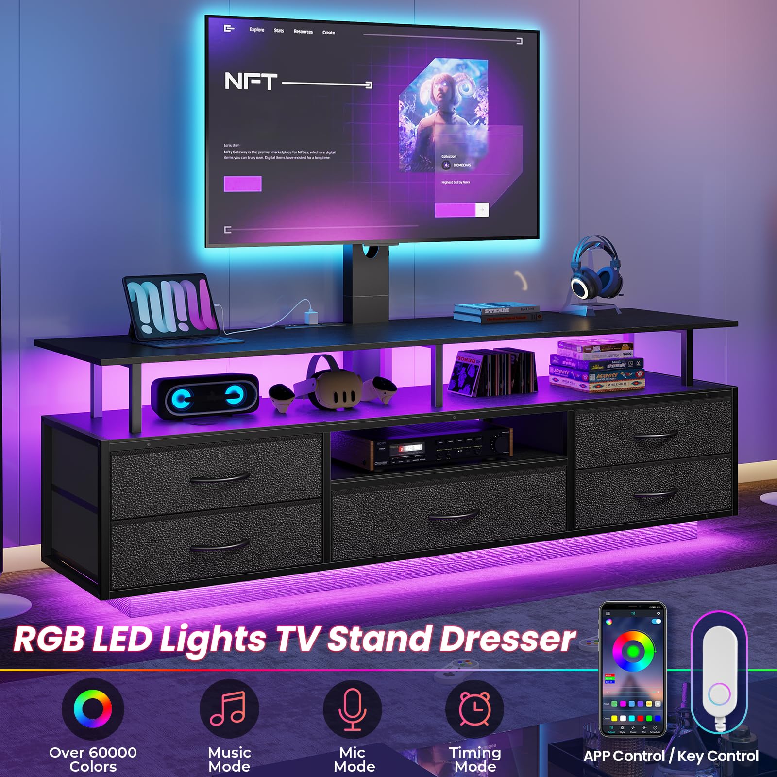 BTHFST TV Stand with Mount for 32/55/65/70 inch TVs, 51.2" LED TV Stand with Power Outlets & Storage, Entertainment Center with Storage for Living Room, Bedroom Black