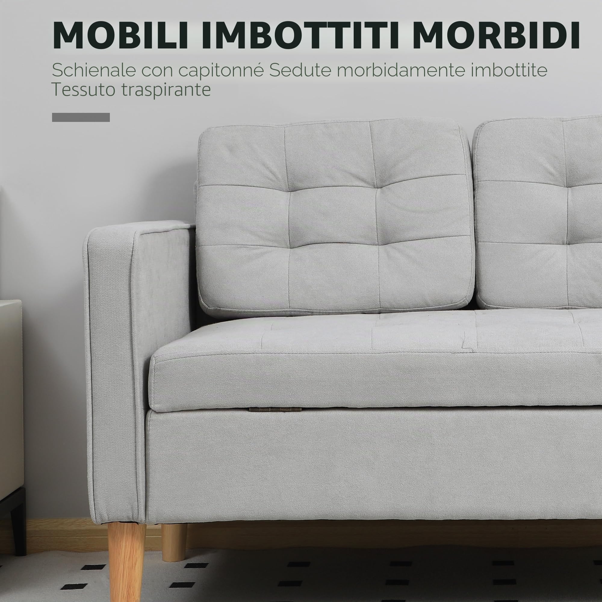 HOMCOM Divano 2 posti con contenitore, gambe in legno, grigio chiaro