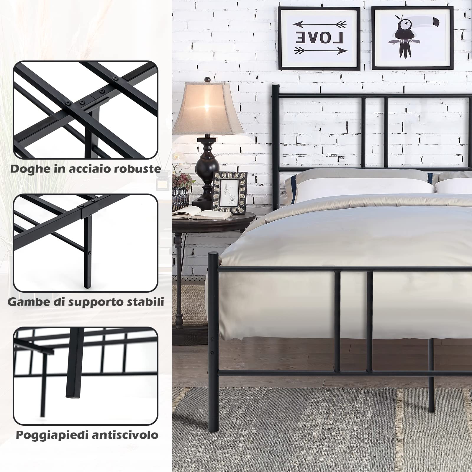 COSTWAY Telaio da Letto in Metallo, Struttura Letto Moderna con Testiera, Pediera e Doghe in Acciaio, Carico Massimo 300kg (200cm x 160cm)