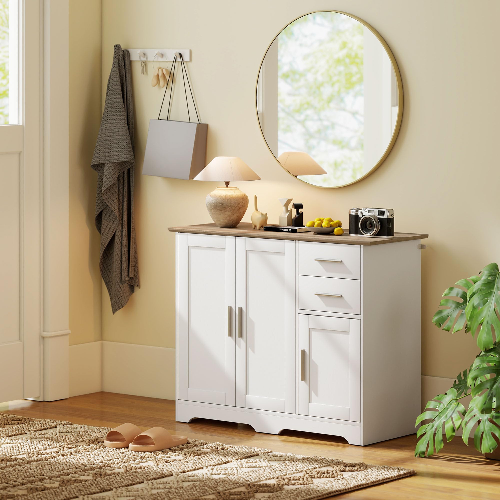 HOMCOM Credenza Cucina, Mobile Cucina con 2 Cassetti e 2 Armadietti, Credenza Buffet con Ripiani Regolabili, 3 Ante, Stile Moderno, per Soggiorno, Sala da Pranzo, 100x40x78 cm, Bianco e Color Legno