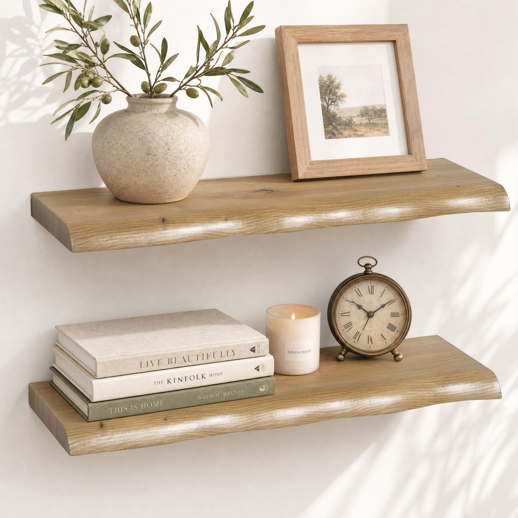 Afuly Mensole da Muro, Bordo Ondulato con Effetto Rovere, Set di 2, 60 cm | Supporti nascosti, per libri, piante, foto e decorazioni, soggiorno, camera e bagno, per esposizione e spazio contenitivo